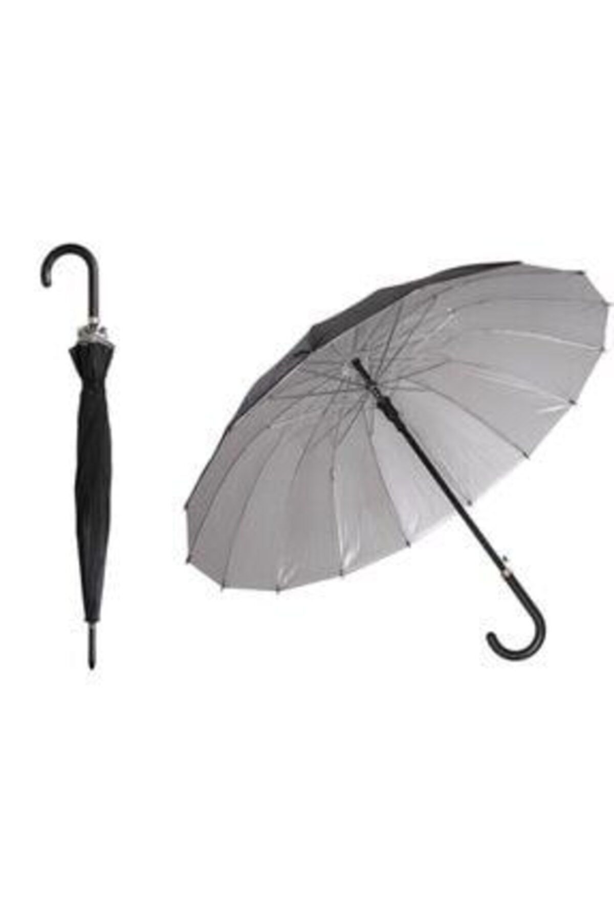 Demirhan 16 Telli Dışı Siyah Içi Gümüş Renk Baston Şemsiye Unisex Pra-597977-145485