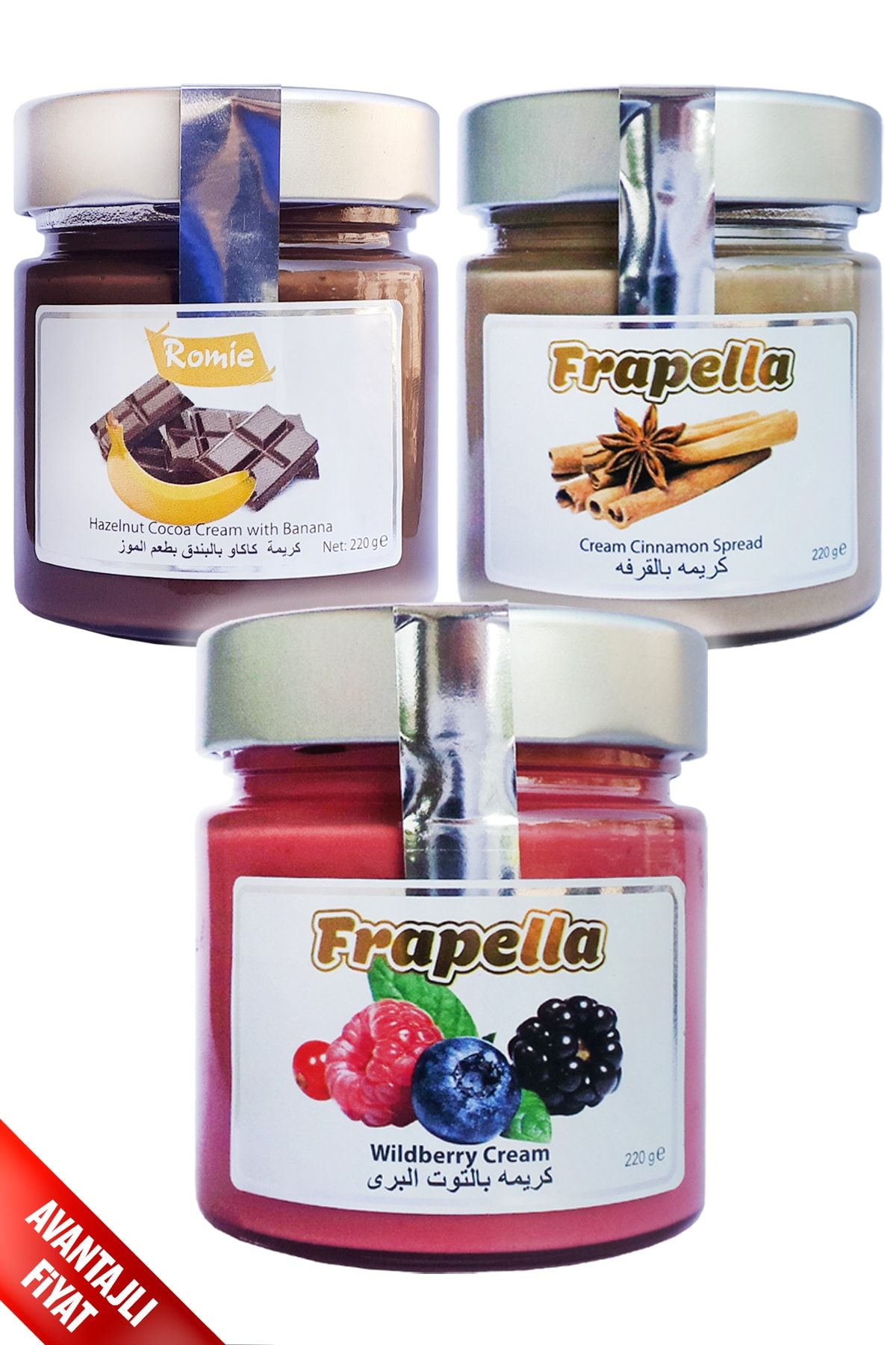 Frapella Orman Meyveli Kreması, Tarçın Kreması, Muz Kakaolu Fındık Kreması 3 Adet X 220 Gr.