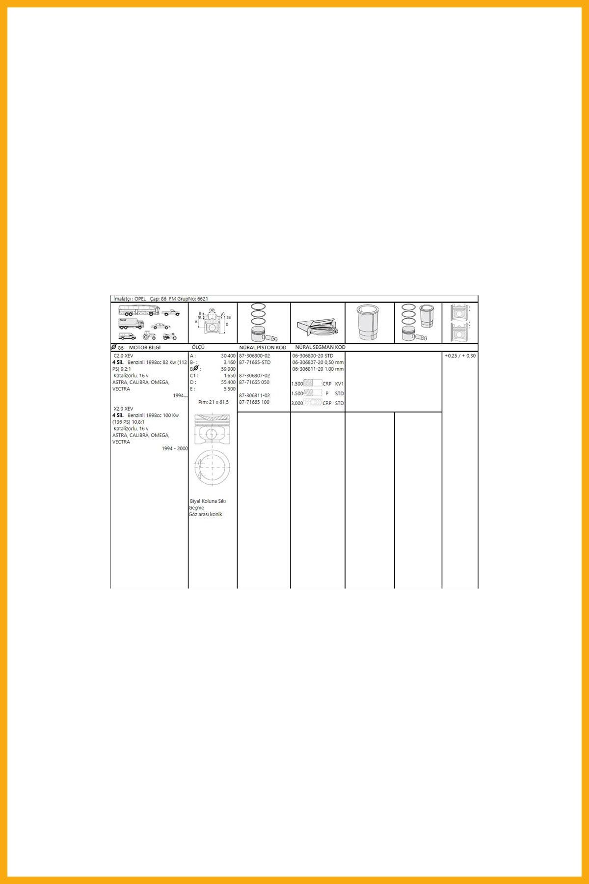 AAVDAN Pıston+segman X20xev 2.0 16v Vectra B Omega B 86.50mm 050 (1.5x1.5x3.0) 136ps Ecotec