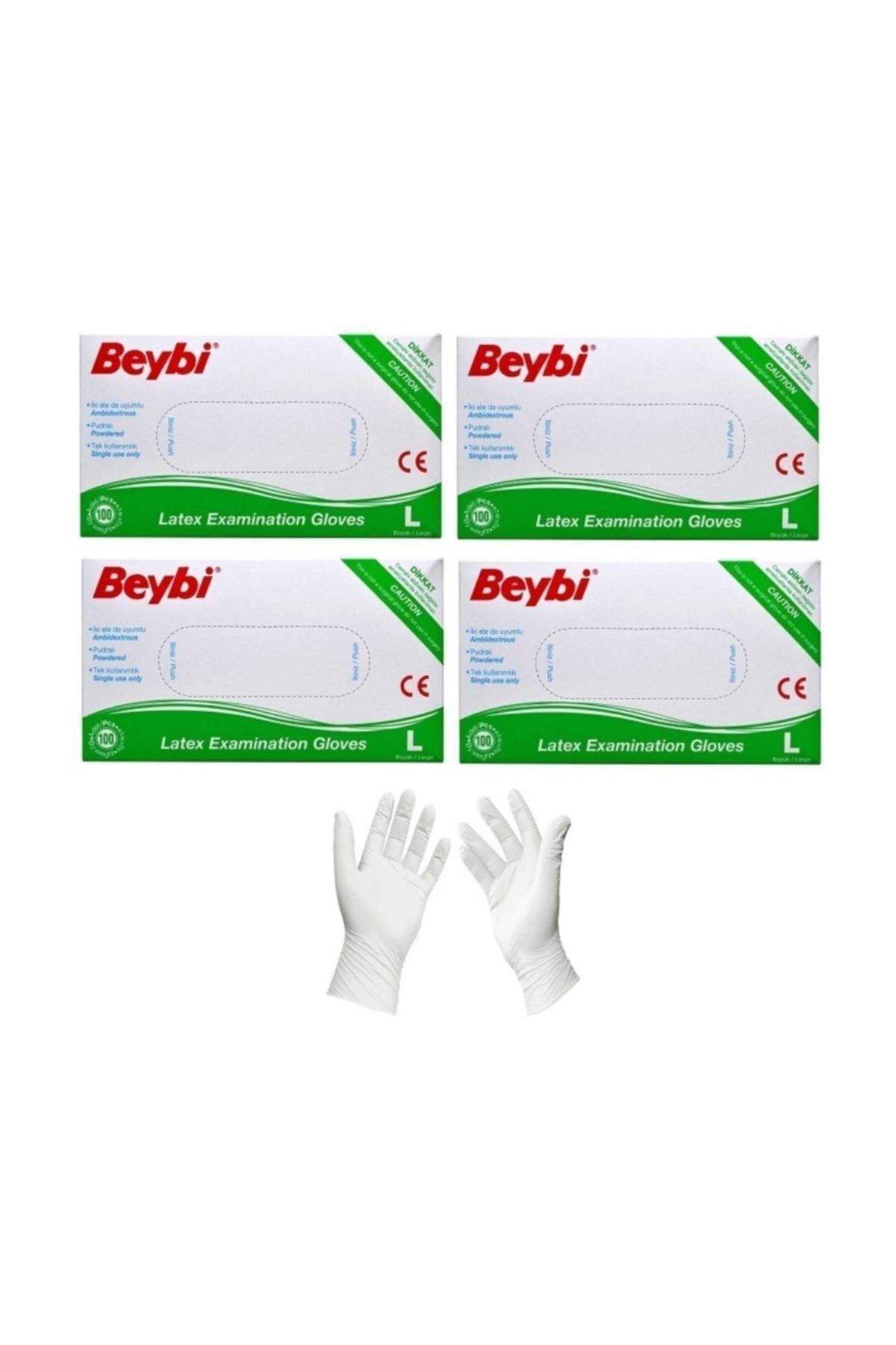 Beybi Pudralı Büyük Boy Lateks Muayene Eldiveni 100'lü Kutu 4 Lü Set