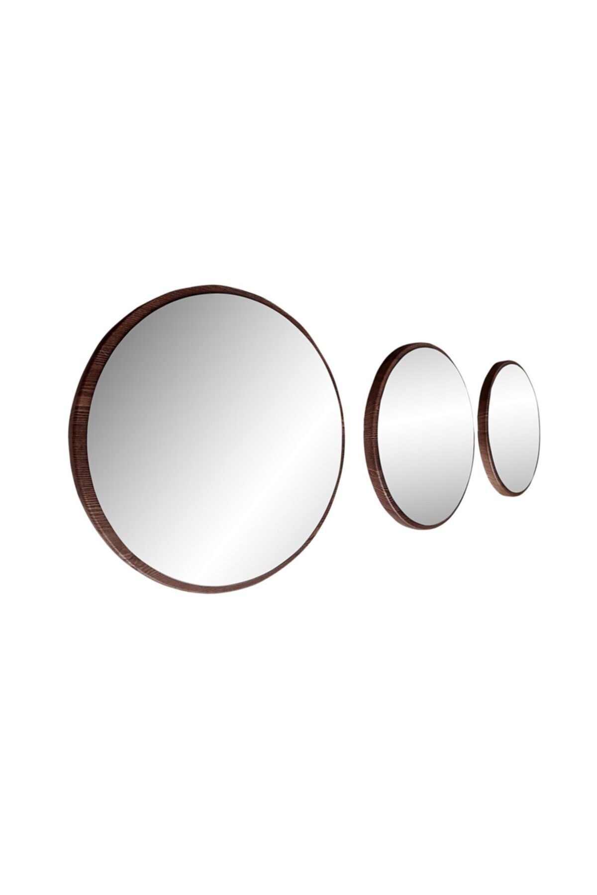 DFN WOOD Kahverengi Mdf 3 Lü Yuvarlak Duvar Salon Banyo Aynası 32 Cm Çap
