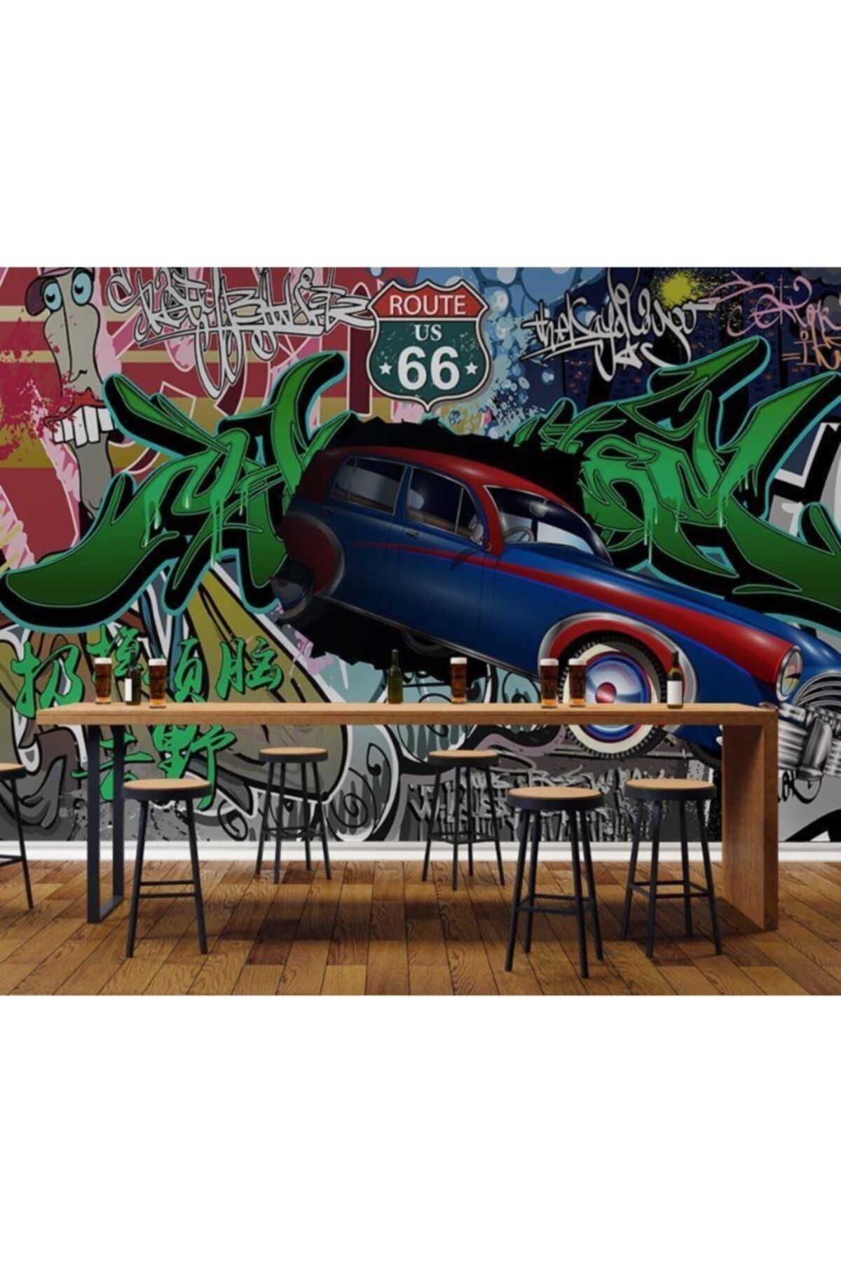 Renkli Duvarlar Mavi Antika Araba Graffiti Özel Tasarım Duvar Kağıdı 5.00x2.70