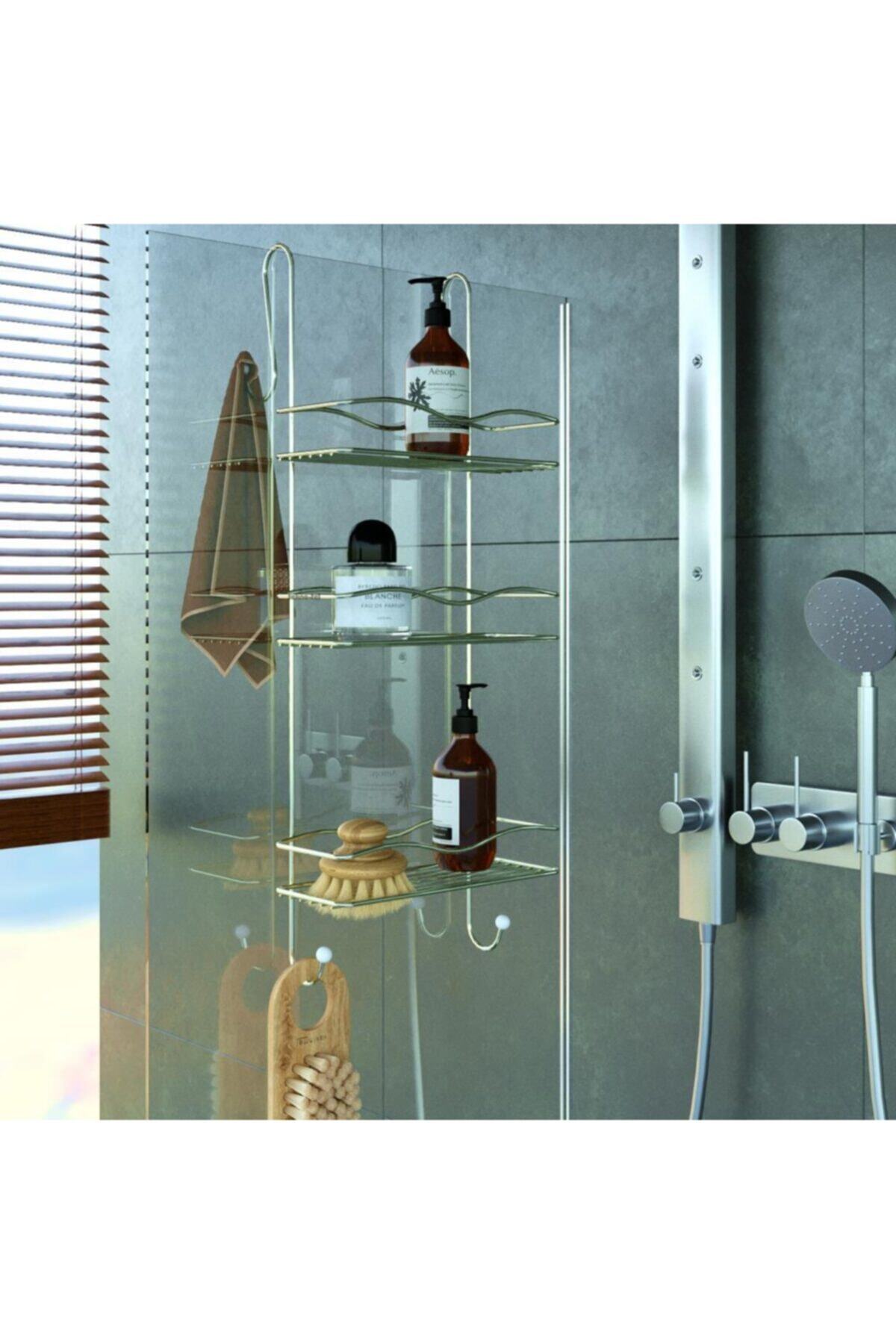 Teknotel Asmalı Banyo Duşakabin Duş Rafı Gold Bk063