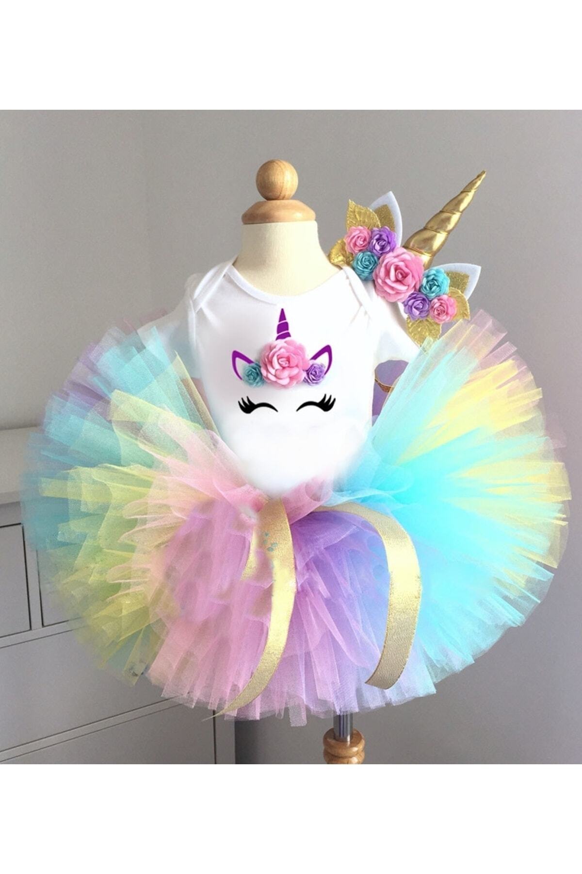 bba new trend 3 Parça Doğum Günü Unicorn Setiunicorn Tütü Etek,unicorn Tişort Set