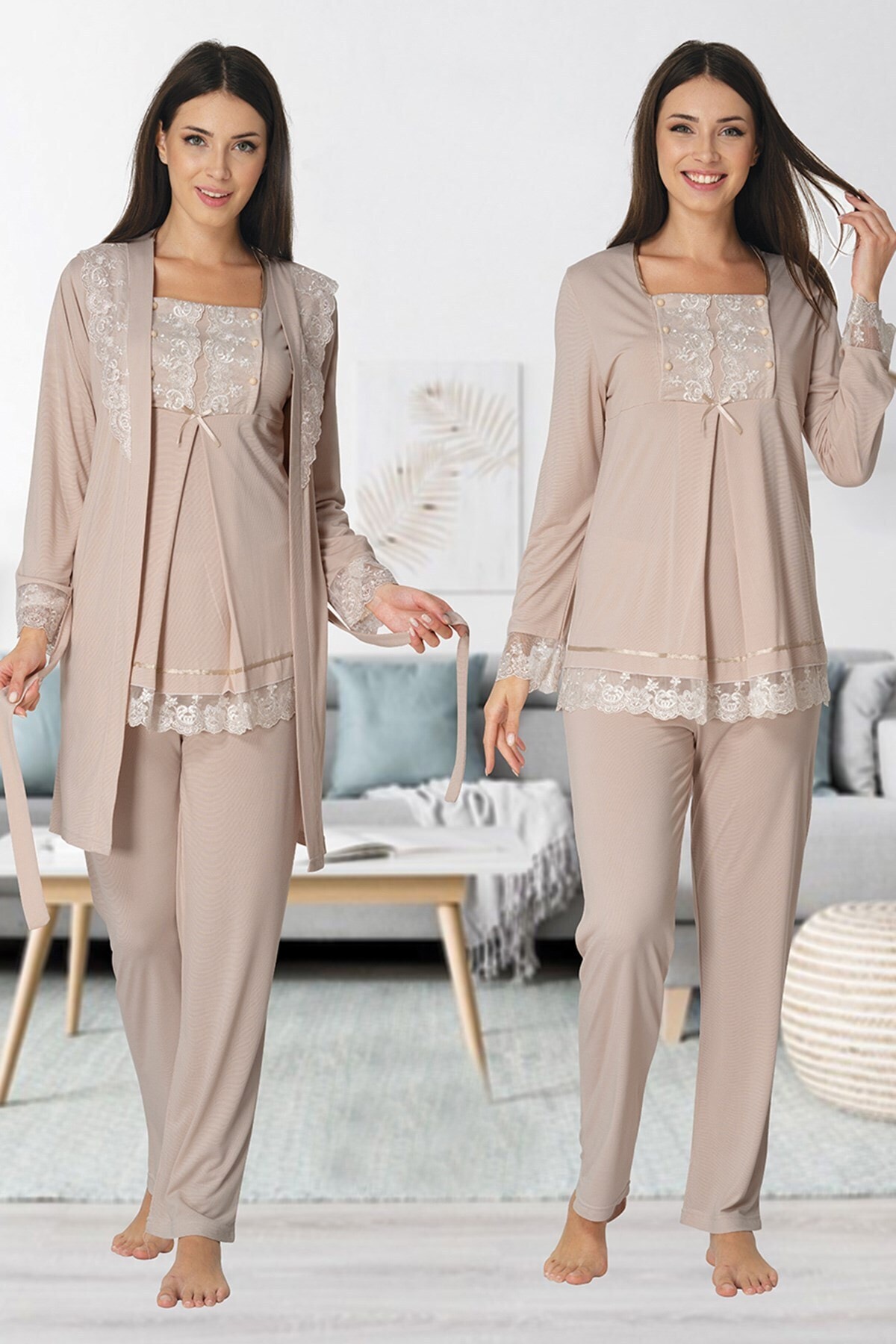 lohusahamile Kadın Sütlü Kahve Dantel Sabahlıklı Lohusa Pijama Takımı 3044