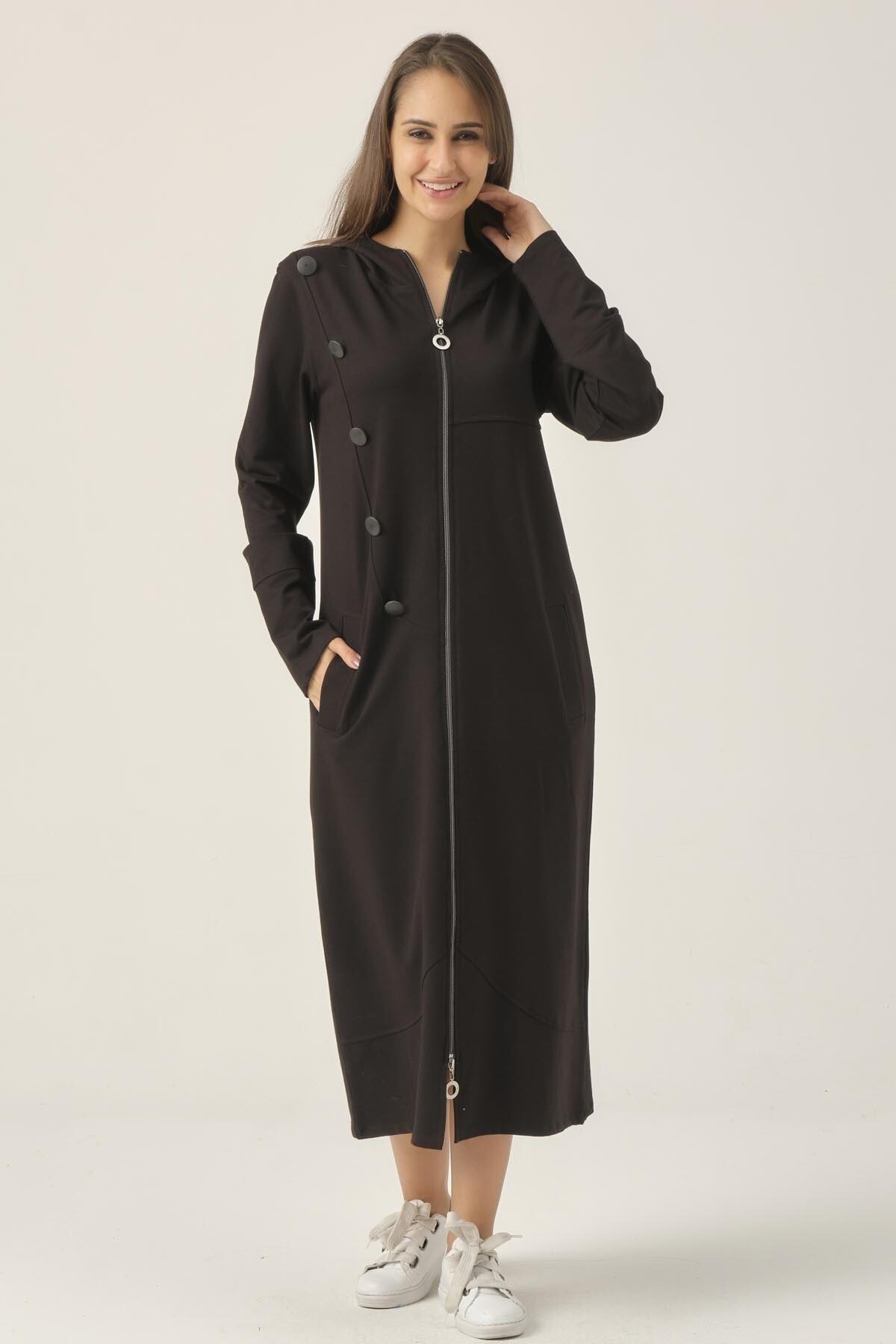 Darlin Moda Kadın Siyah Düğme Detaylı Pardesü Dm195