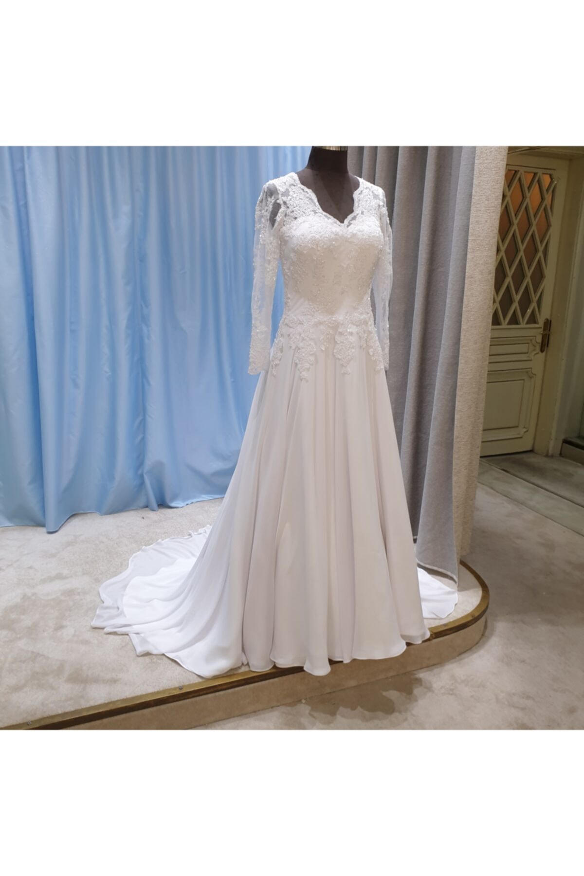 Düzey Moda Kadın Beyaz Şifon Etek A-Kesim Gelinlik