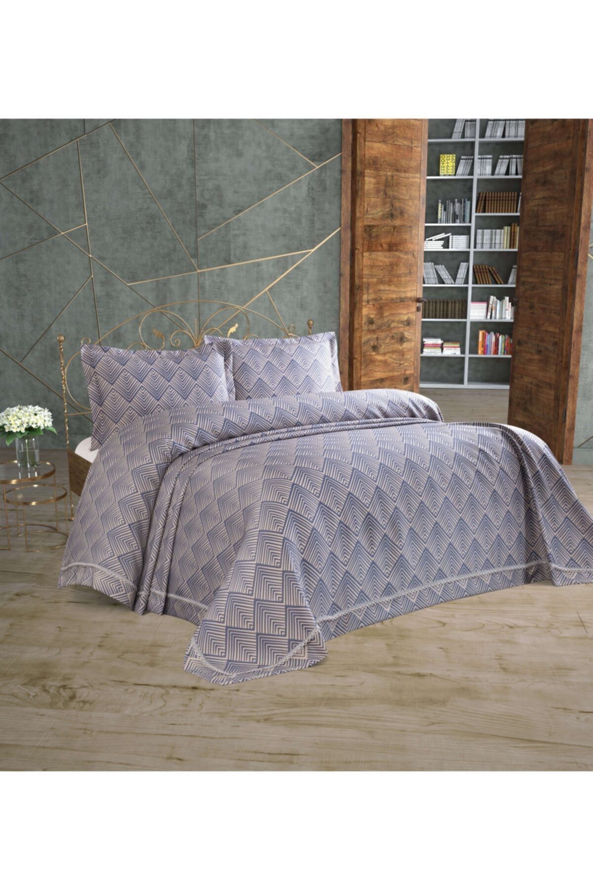Tropikhome Tropıkhome Çift Kişilik Yatak Örtüsü Mavi Renk Zigzag Desen