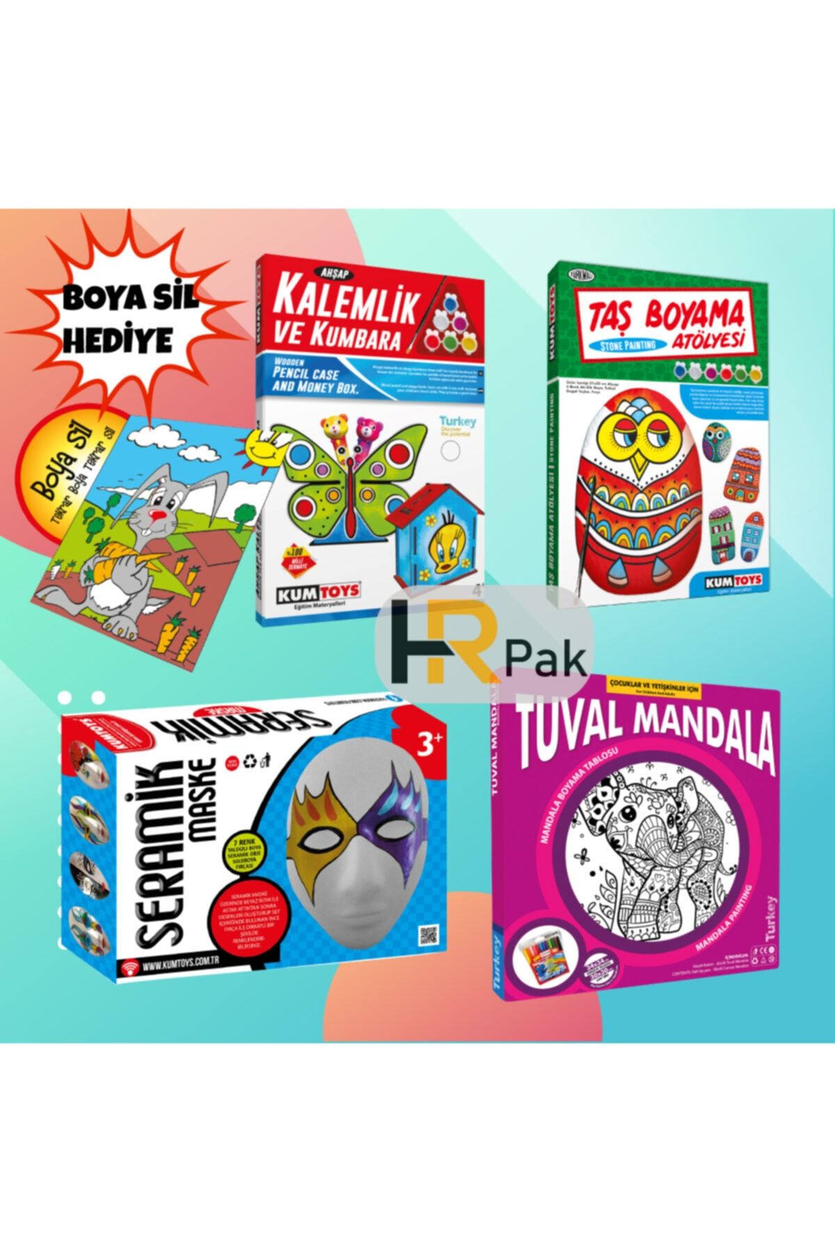 Kumtoys 4'lü Set Kalemlik Ve Kumbara-taş Boyama-seramik Maske-tuval Mandala Hediyeli