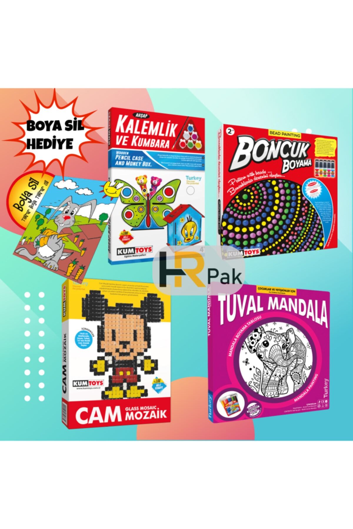 Kumtoys 4'lü Set Kalemlik Ve Kumbara-boncuk Boyama-cam Mozaik-tuval Mandala Hediyeli