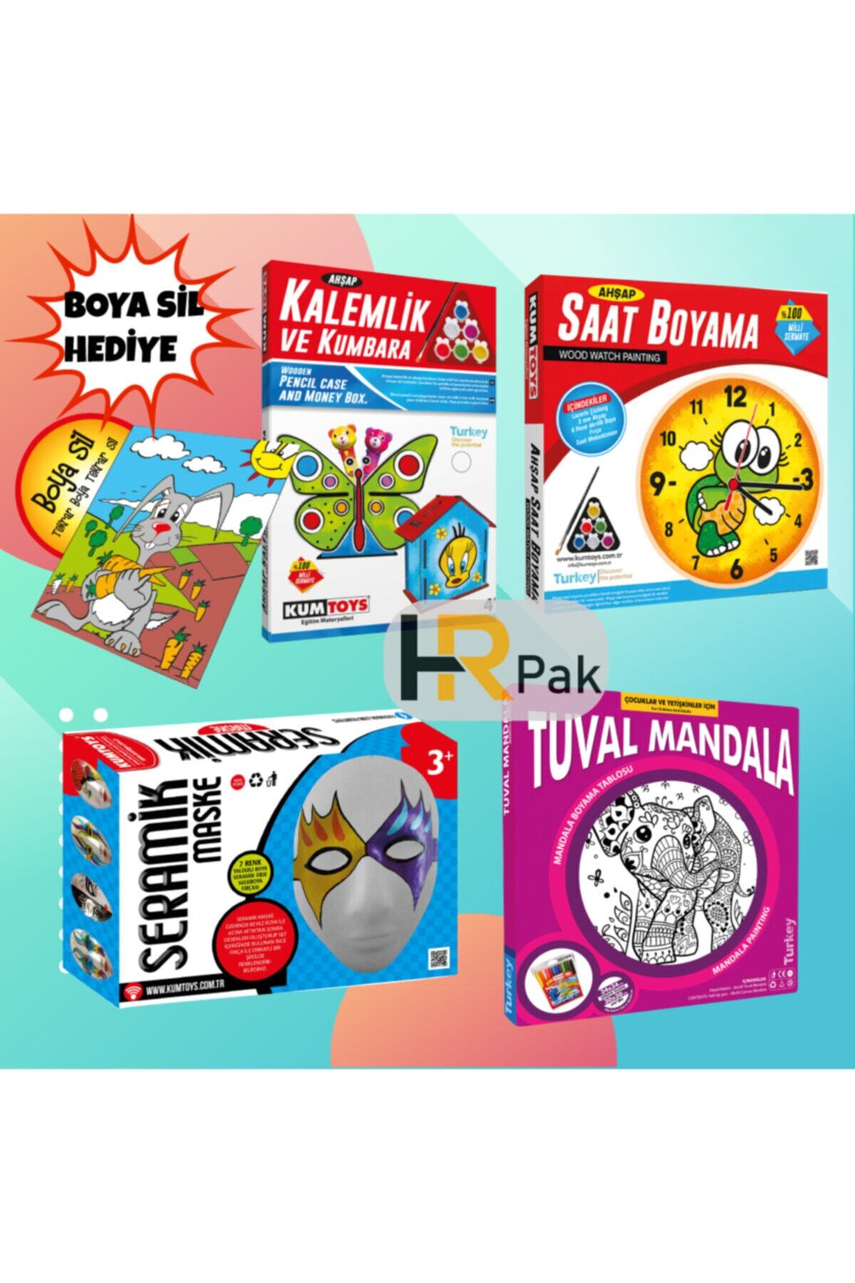 Kumtoys 4'lü Set Kalemlik Ve Kumbara-saat Boyama-seramik Maske-tuval Mandala Hediyeli