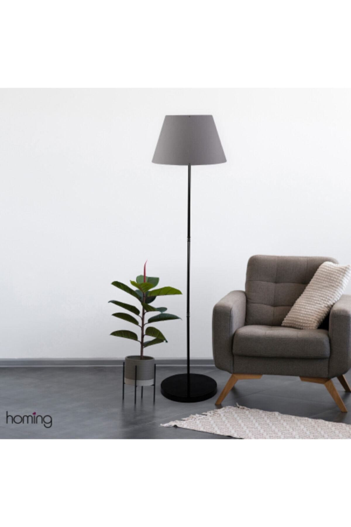 HOMİNG Metal Ayaklı Dekoratif Lambader Gri Konik Başlık