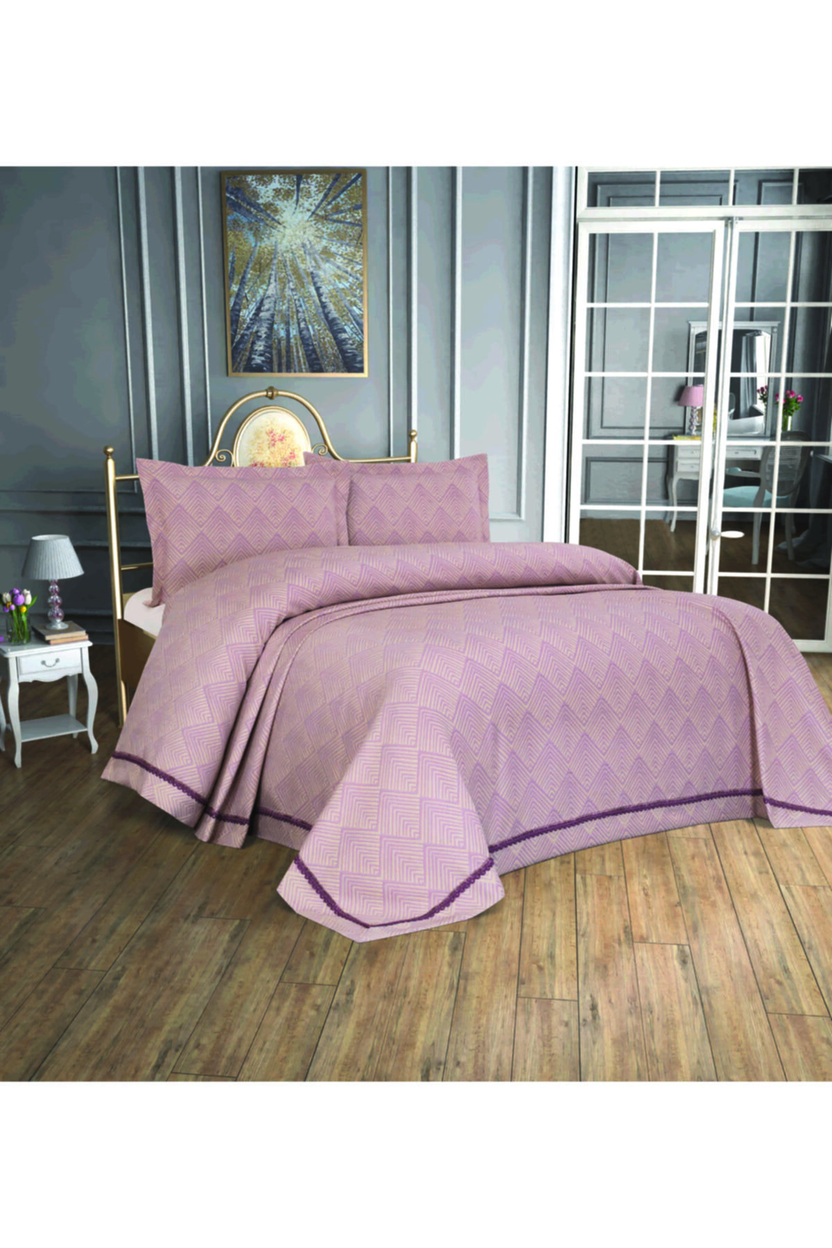 Tropikhome Tropıkhome Çift Kişilik Yatak Örtüsü Lila Renk Zigzag Desen