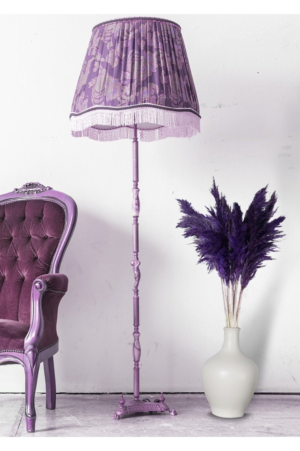 F&F HOME Seramik Vazo Ve 15 Adet Beyaz Mor Pampas