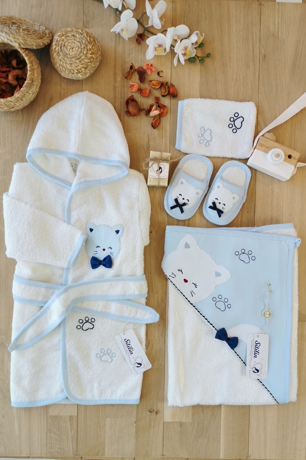 Sitilin Erkek Bebek Mavi Bornoz Havlu Lif Defne Sabunlu Set