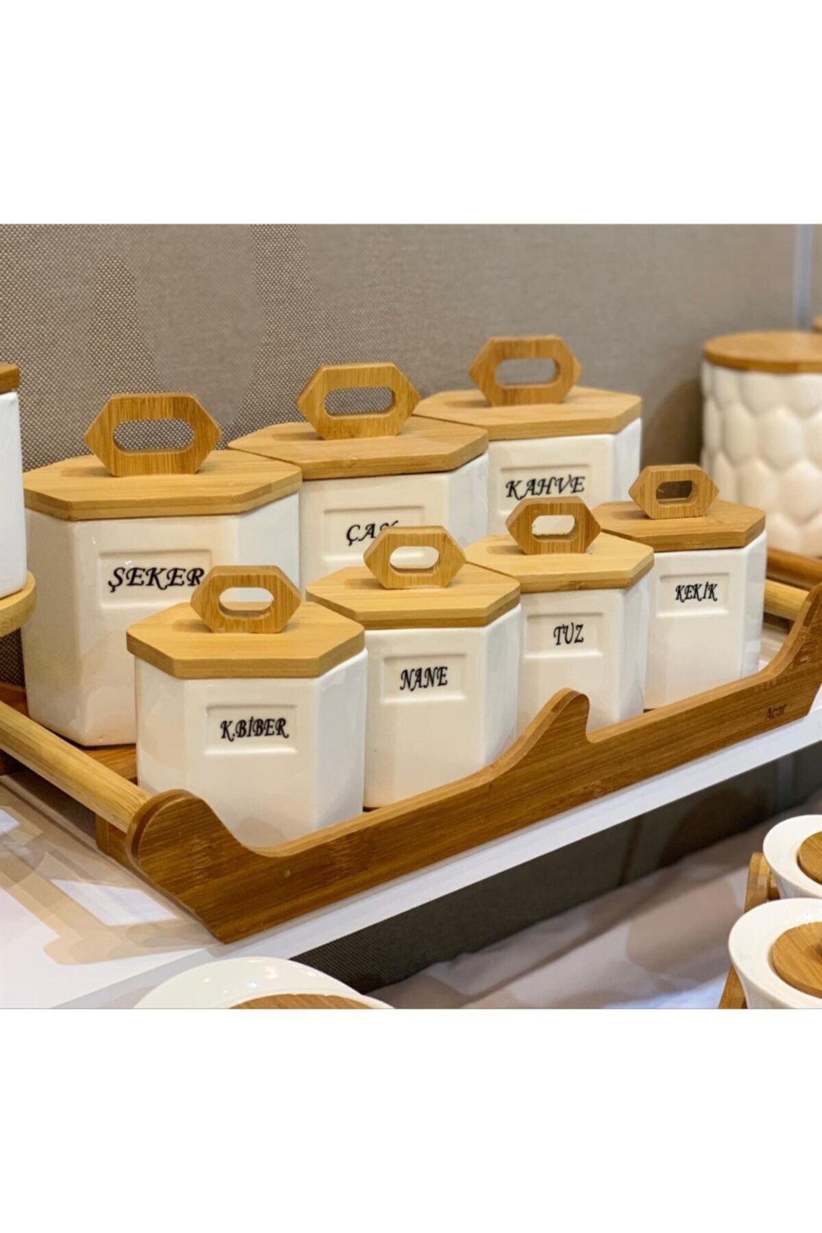 Acar Plus 7'li Stantlı Bambu Porselen Prizma Baharatlık