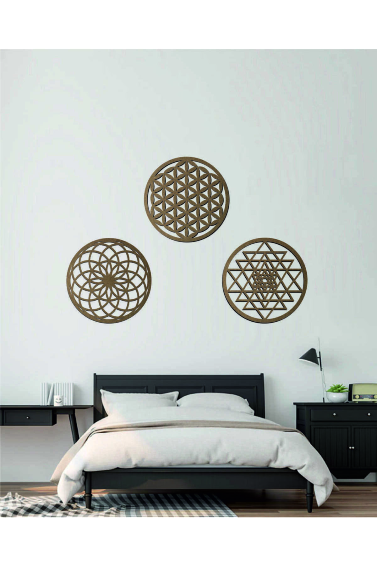Güner Lazer Ahşap Ham Mdf Yaşam Çiçeği / Torus / Sri Yantra Üçlü Set