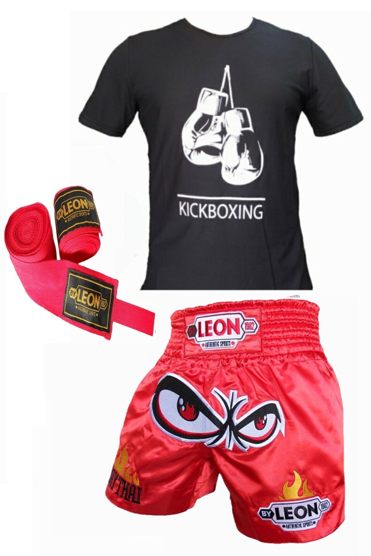 By Leon 1982 Unisex Kırmızı Kickboks Boks Thai Tişört + Şort Takımı +  Bandaj Seti 3,5 m