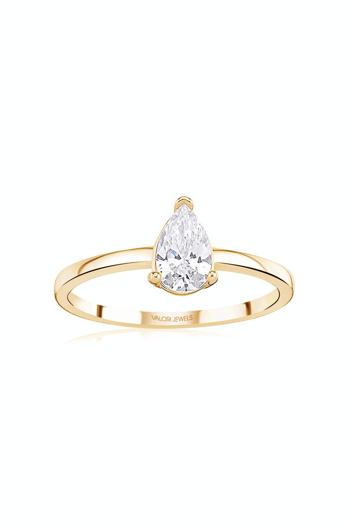 Valori Jewels Ince Halka Damla, 0.75 Karat Swarovski Zirkon Taşlı, Altın Rengi Gümüş Tektaş Yüzük