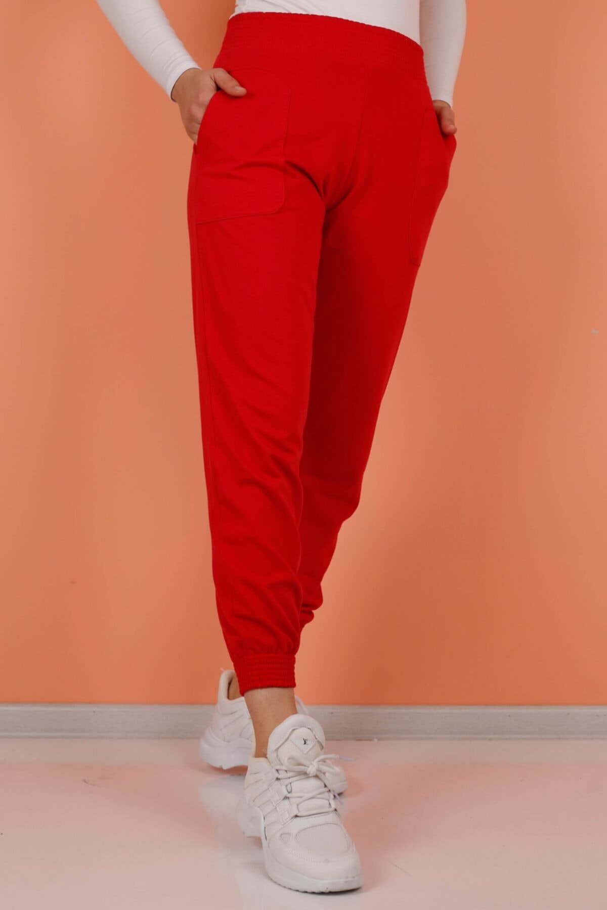 İmajButik Beli Büzgülü Paça Lastikli Esofman-kırmızı