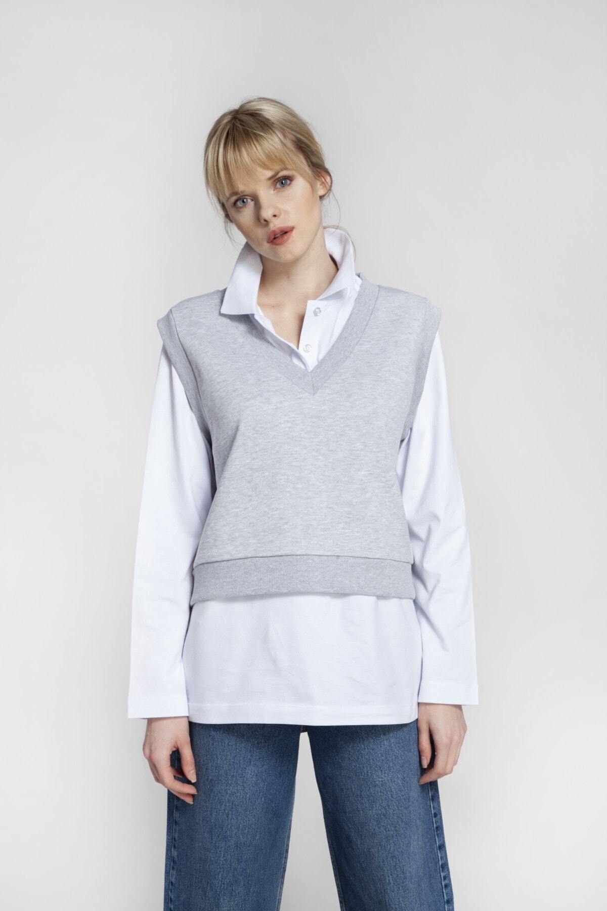 Bexy Kadın Gri Kolsuz V Yaka Süveter 160462-1