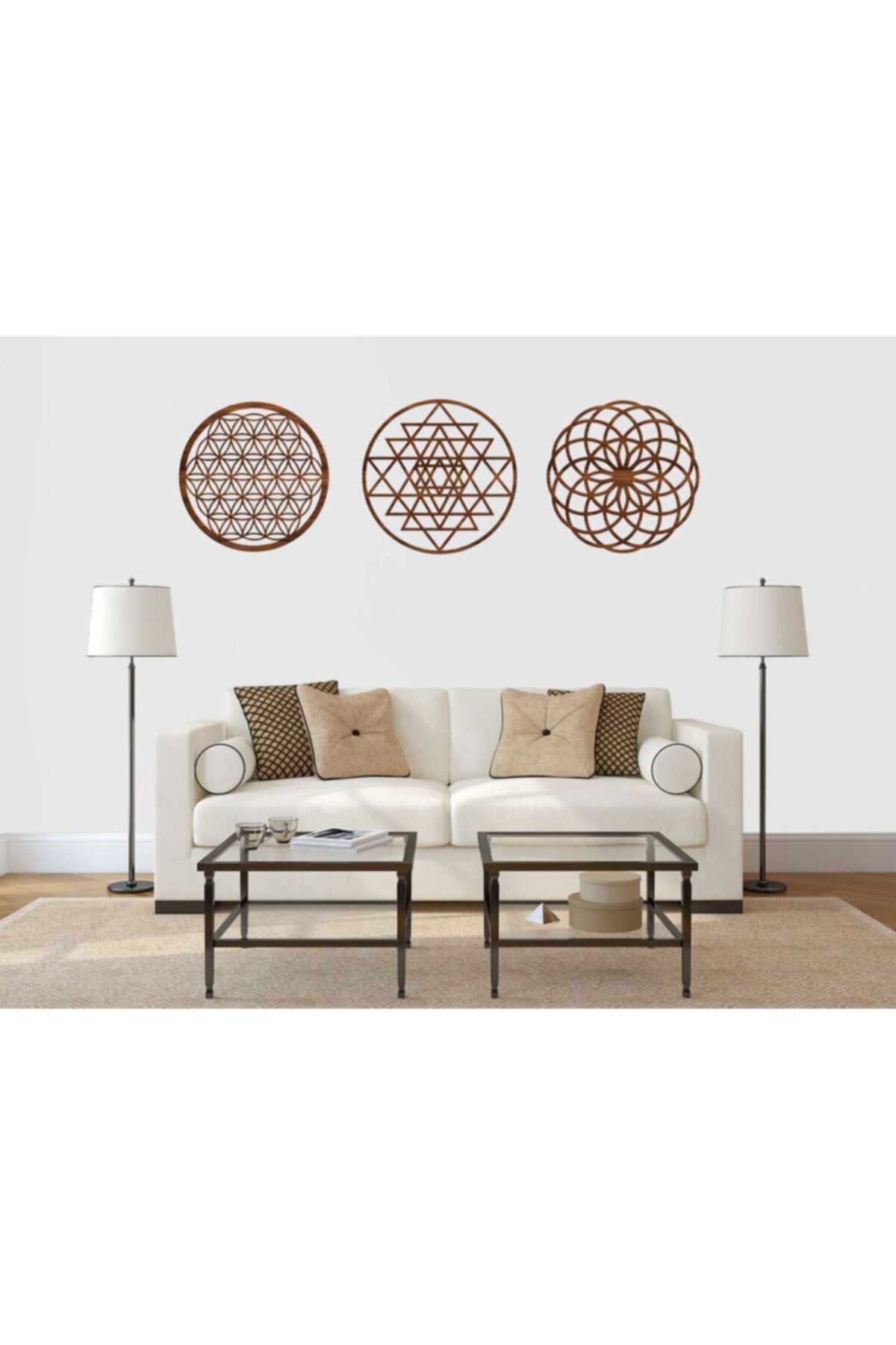 Kubbehan Yaşam Çiçeği Sri Yantra Ve Torus 3'lü Set Ceviz Ahşap Duvar Tablosu
