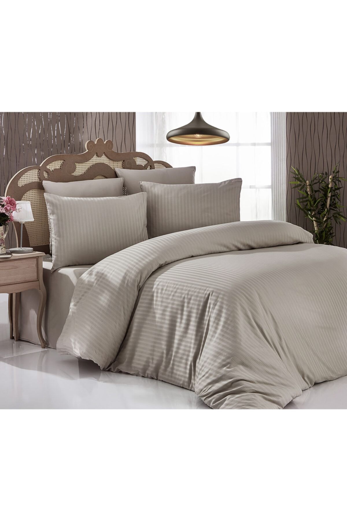 Komfort Home Çizgili Pamuk Saten Yastık Kılıfı (sütlü Kahve)