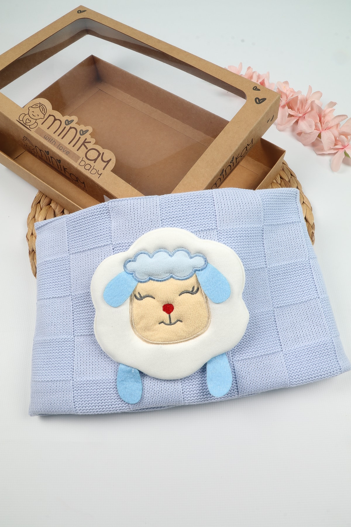 Minikom Baby Organik Mavi Erkek Bebek Kuzu Detaylı Battaniye