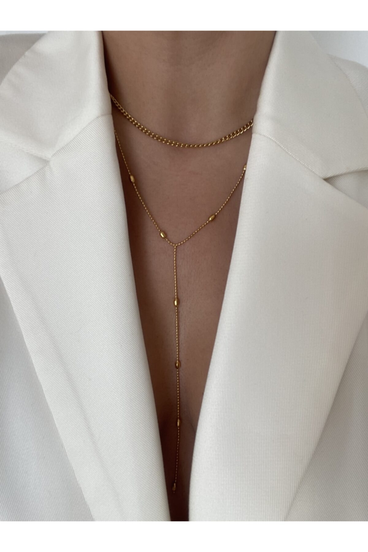 vi store vi jewelry Çelik Y Zincir Kolye Seti