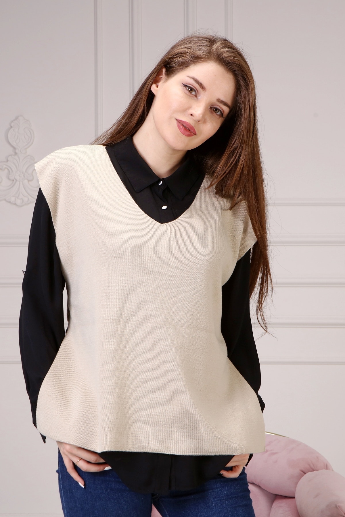 ananas trıko Kadın Taş Rengi V Yaka Süveter