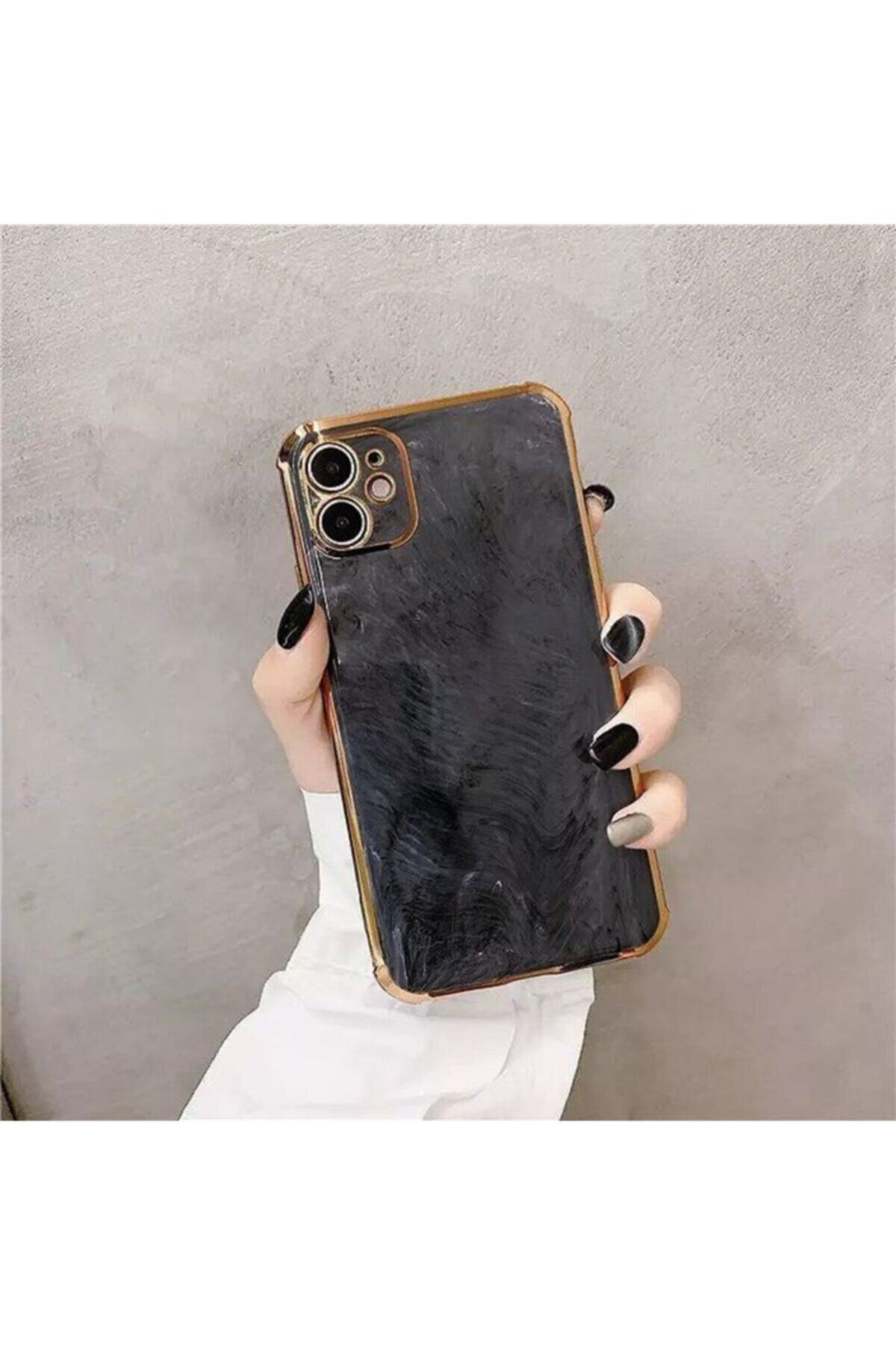 Merwish Iphone 11 Uyumlu Deluxe Mermer Desenli Kamera Korumalı Silikon Kılıf Siyah