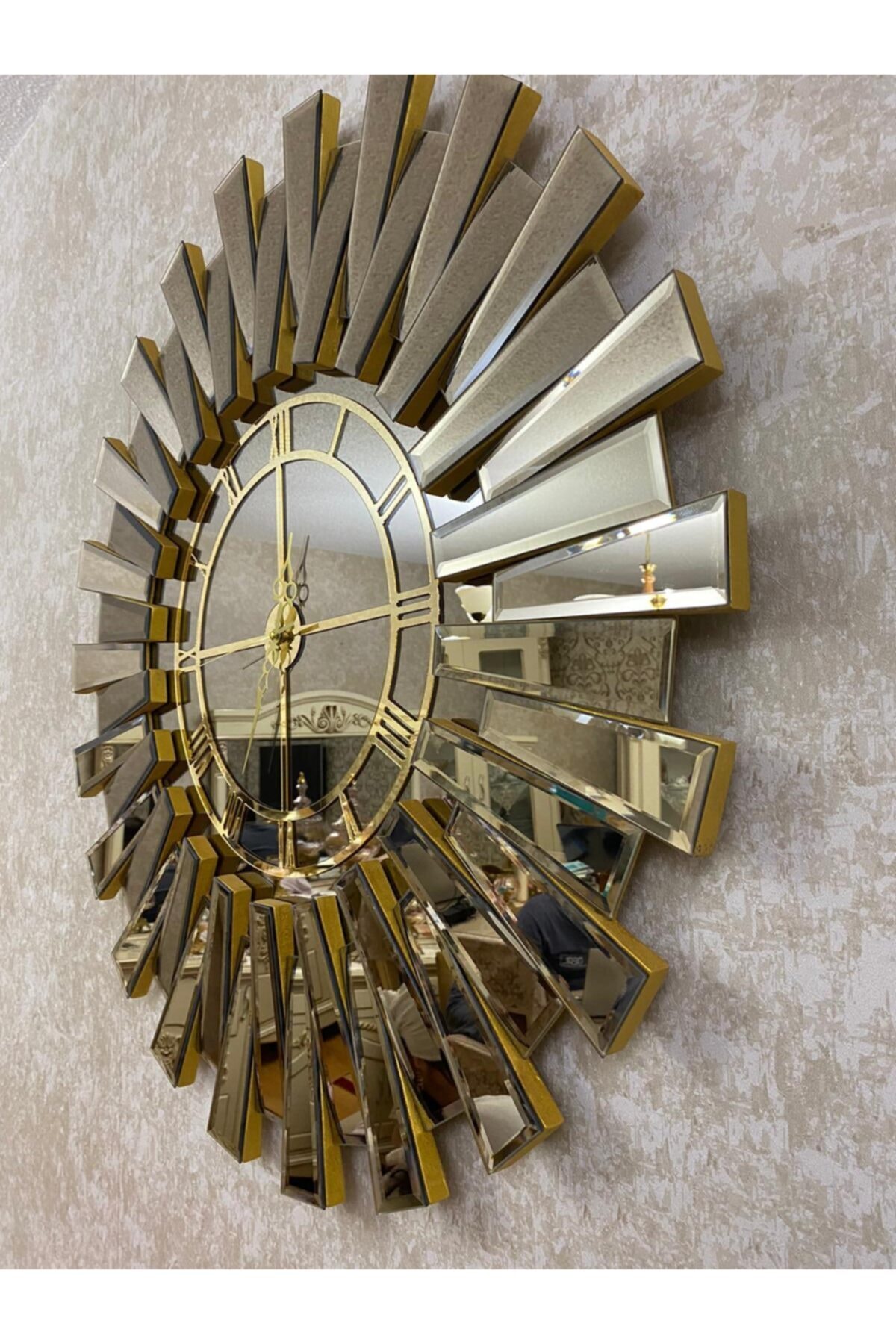 taurum Piyano Gerçek Şişecam Ayna Saat Gold 80 Cm