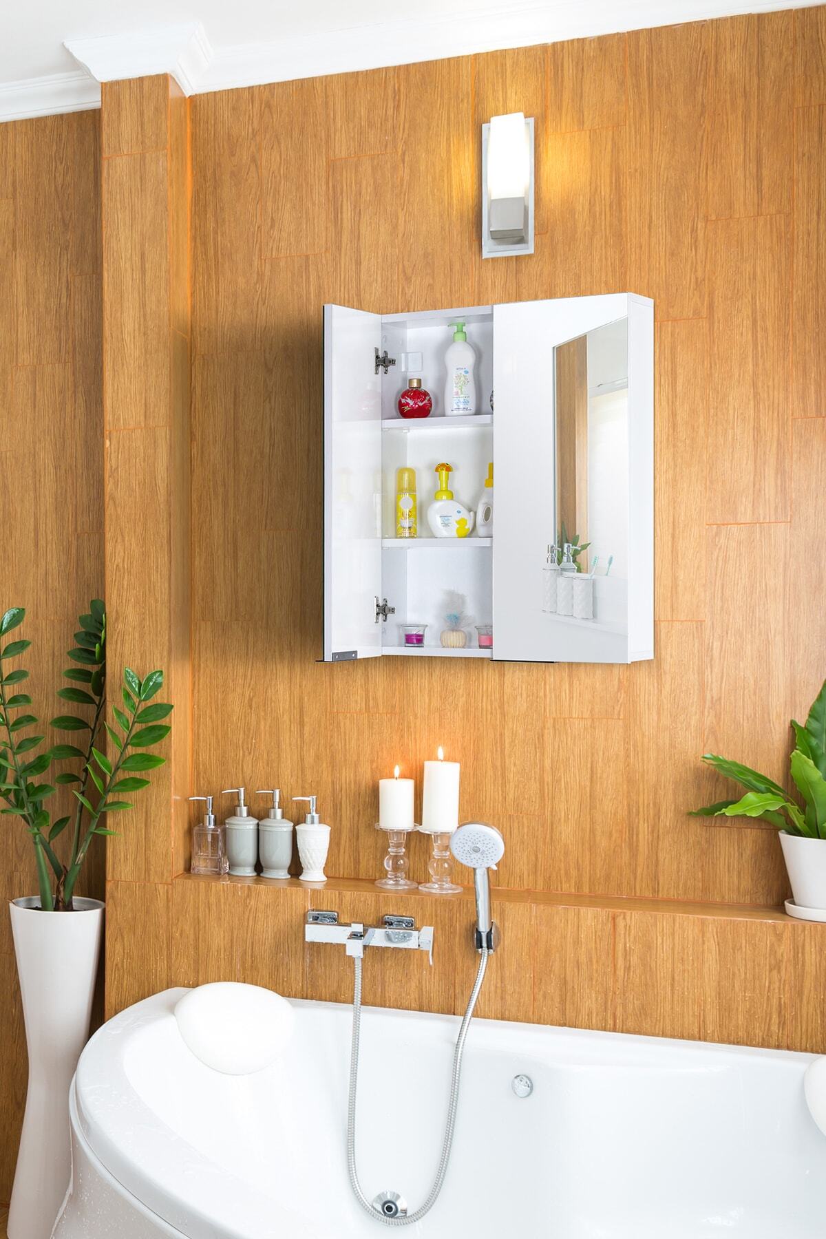 Mars Banyo Ayvalık Aynalı Banyo Dolabı Üst Modülü Aynalı Beyaz Banyo Üst Modülü +saklama Dolabı