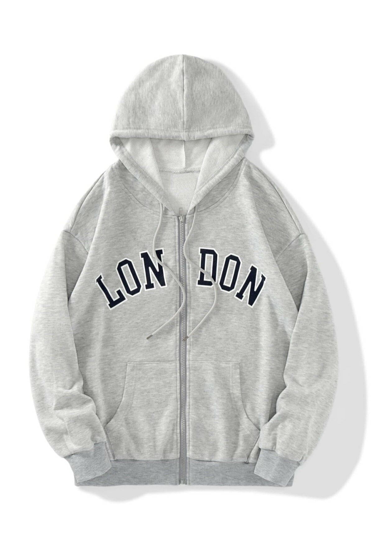 Trendseninle Unisex Gri London Baskılı Fermuarlı Sweat Hırka