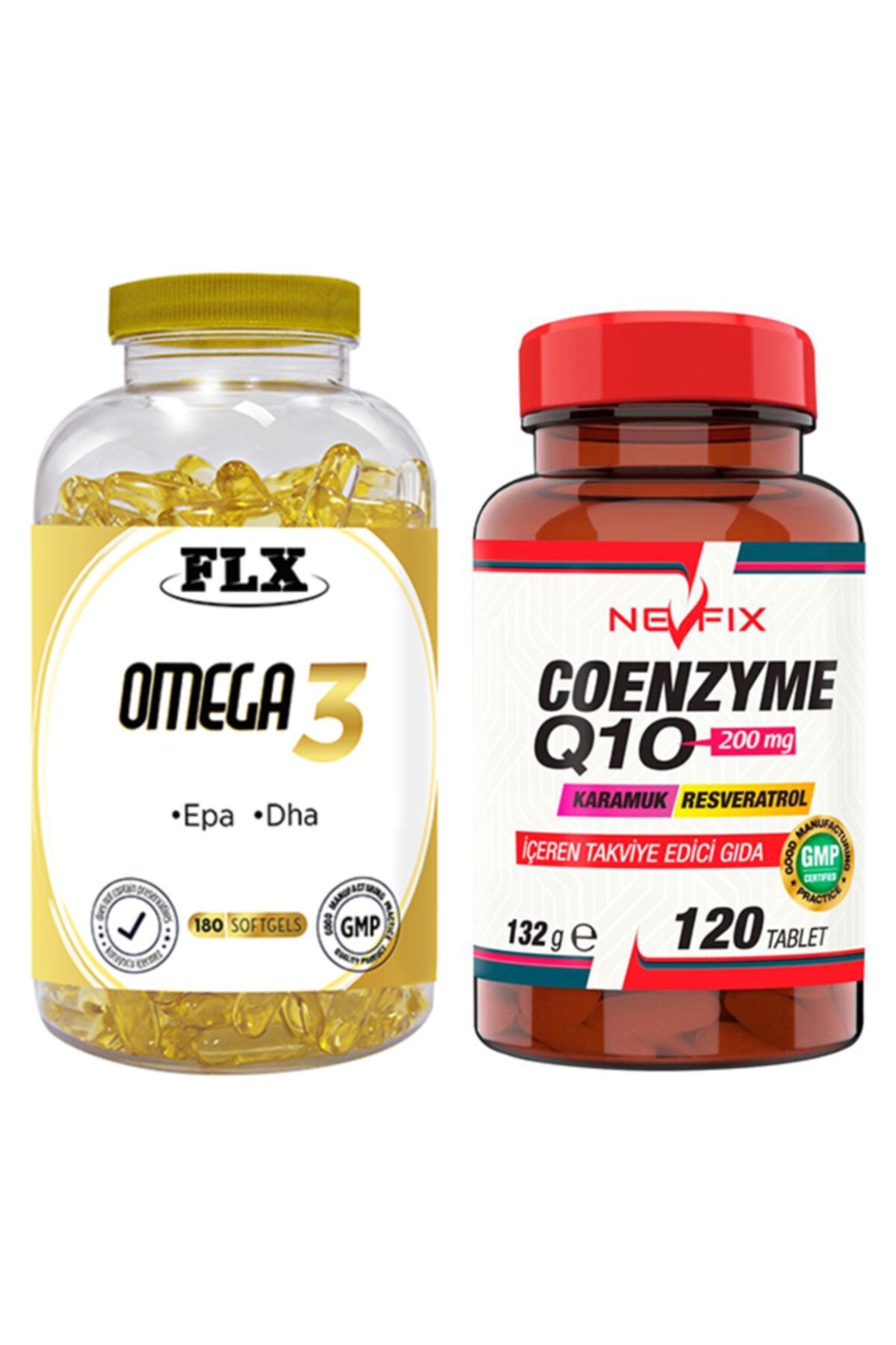 FLX Omega 3 Balık Yağı 180 Softgel & Nevfix Coenzyme Q10 Koenzim Resveratrol Q10 Karamuk 120 Tablet