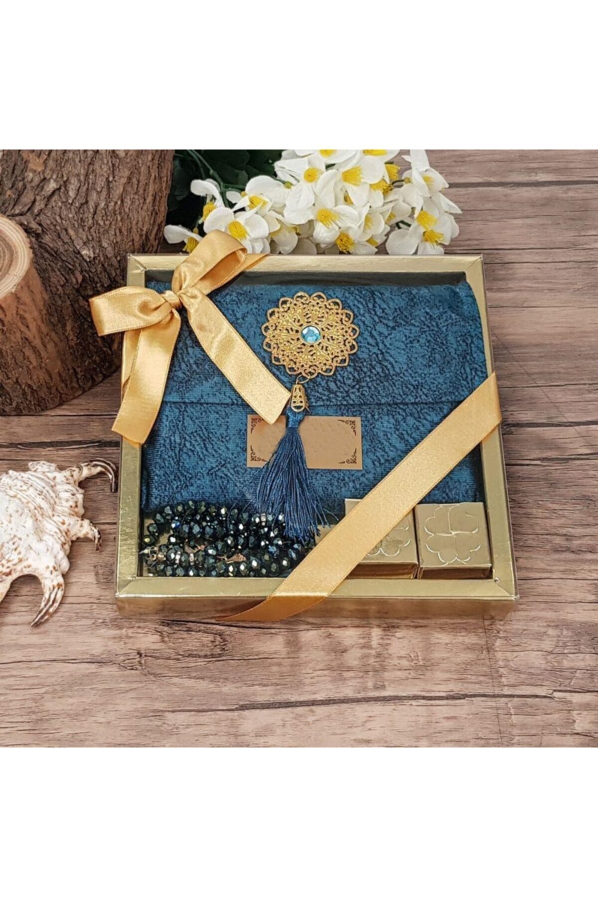 İkranur Hediyelik Kadife Yasin Kitabı Çantalı, Kristal Tesbih, Lüks Çikolatalı Dini Set-mavi