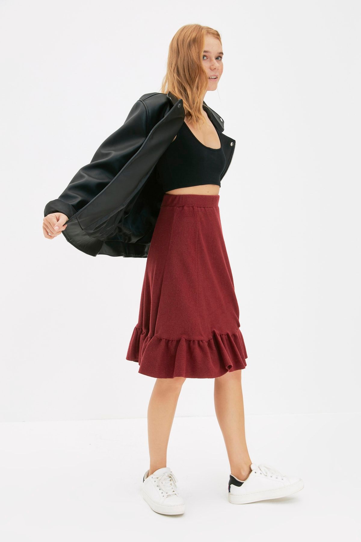 TRENDYOLMİLLA Bordo Fake Triko Midi Örme Etek TWOAW22ET0339