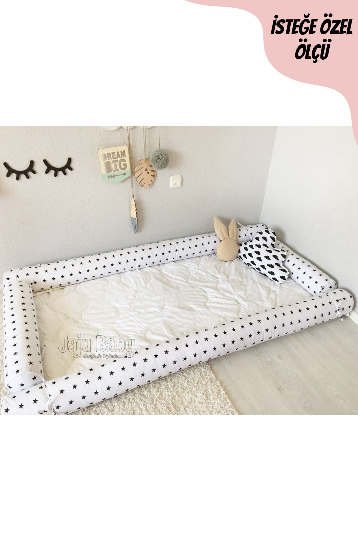 Jaju Baby Siyah Yıldızlı Montessori Yatak Bariyer 80x130 Beşik Kenar Koruma Özel Ölçü