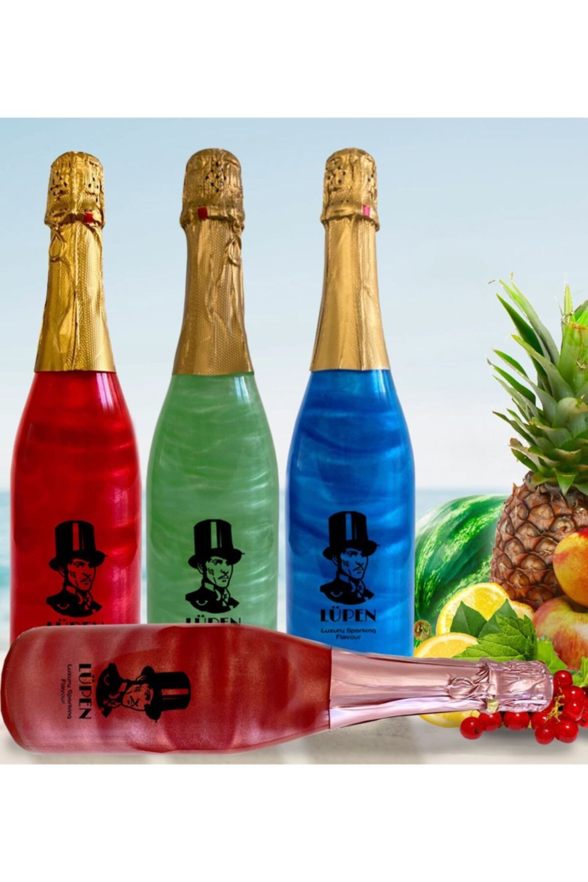 Lüpen Simli Lux Tropik Meyve Karpuz Çilek Nane Limon Frenk Üzümü Aromalı 750ml Gazlı İçecek 4 Adet