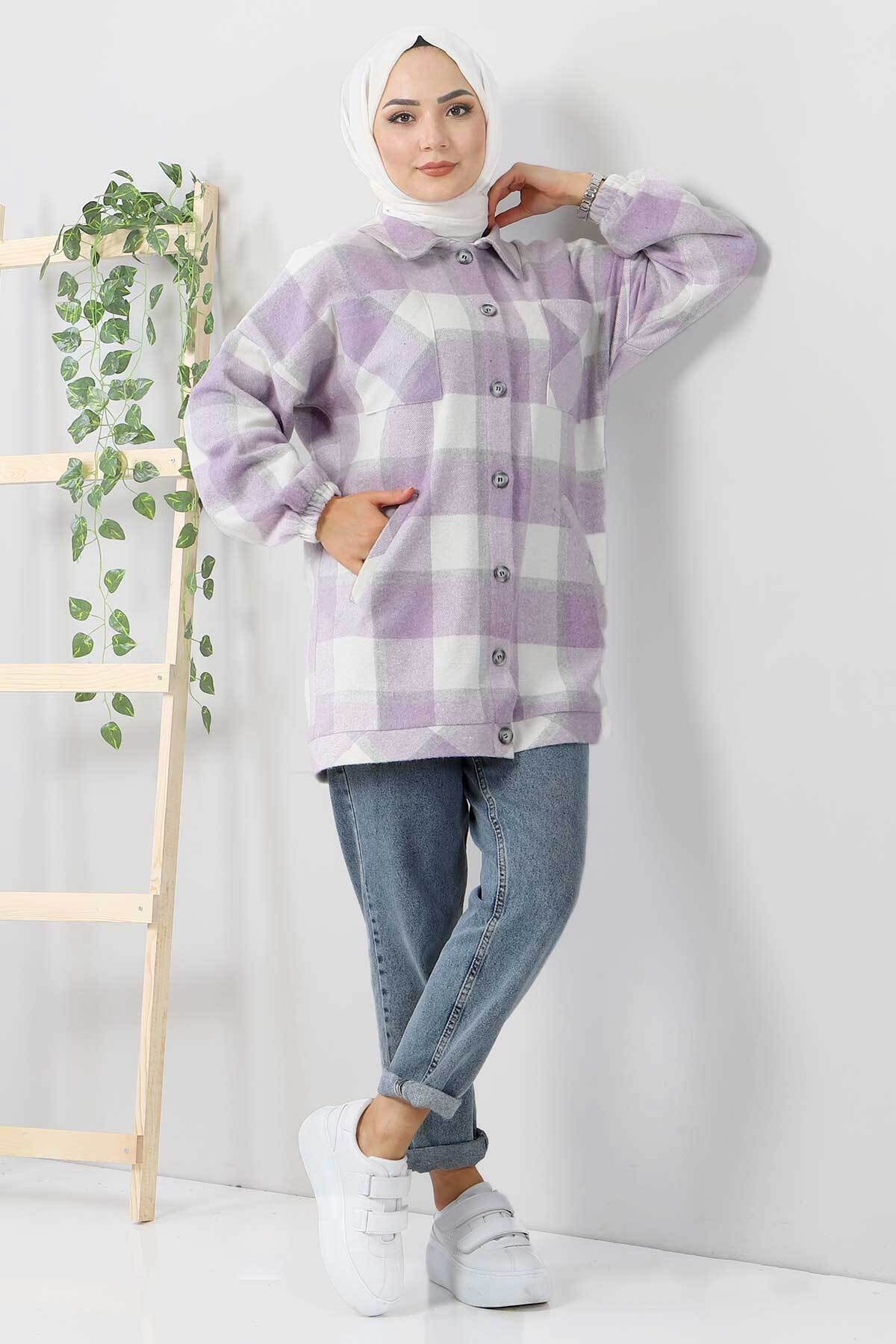 Tesettür Dünyası Fleto Cepli Ekose Gömlek Tsd3326 Lila