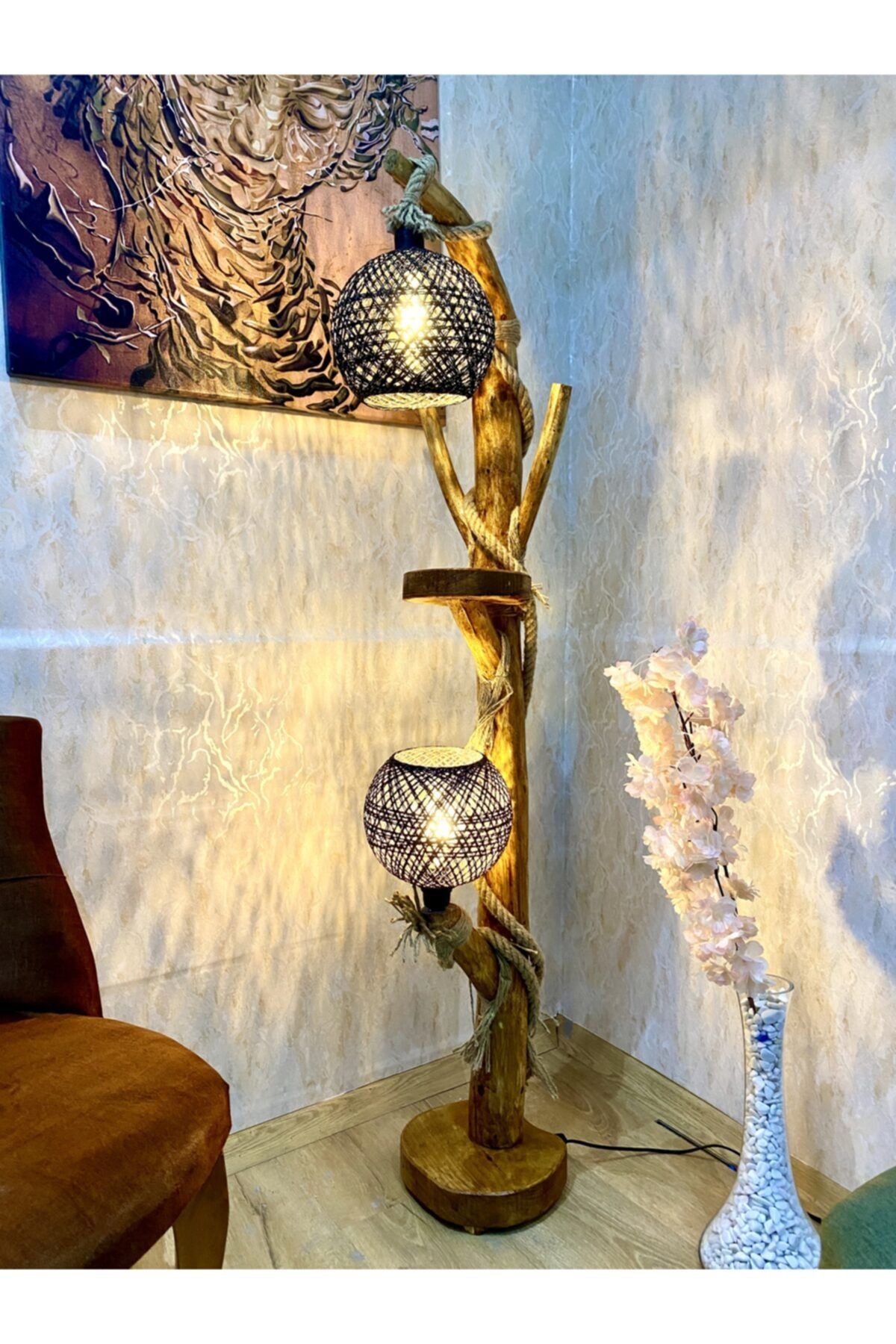 menalART Ağaç Tasarım Ağaç Lambader 145-150 cm Yeni Yalıkavak Serisi Siyah Yaldızlı Aydınlatma Doğal Ağaç Ahşap Lambader