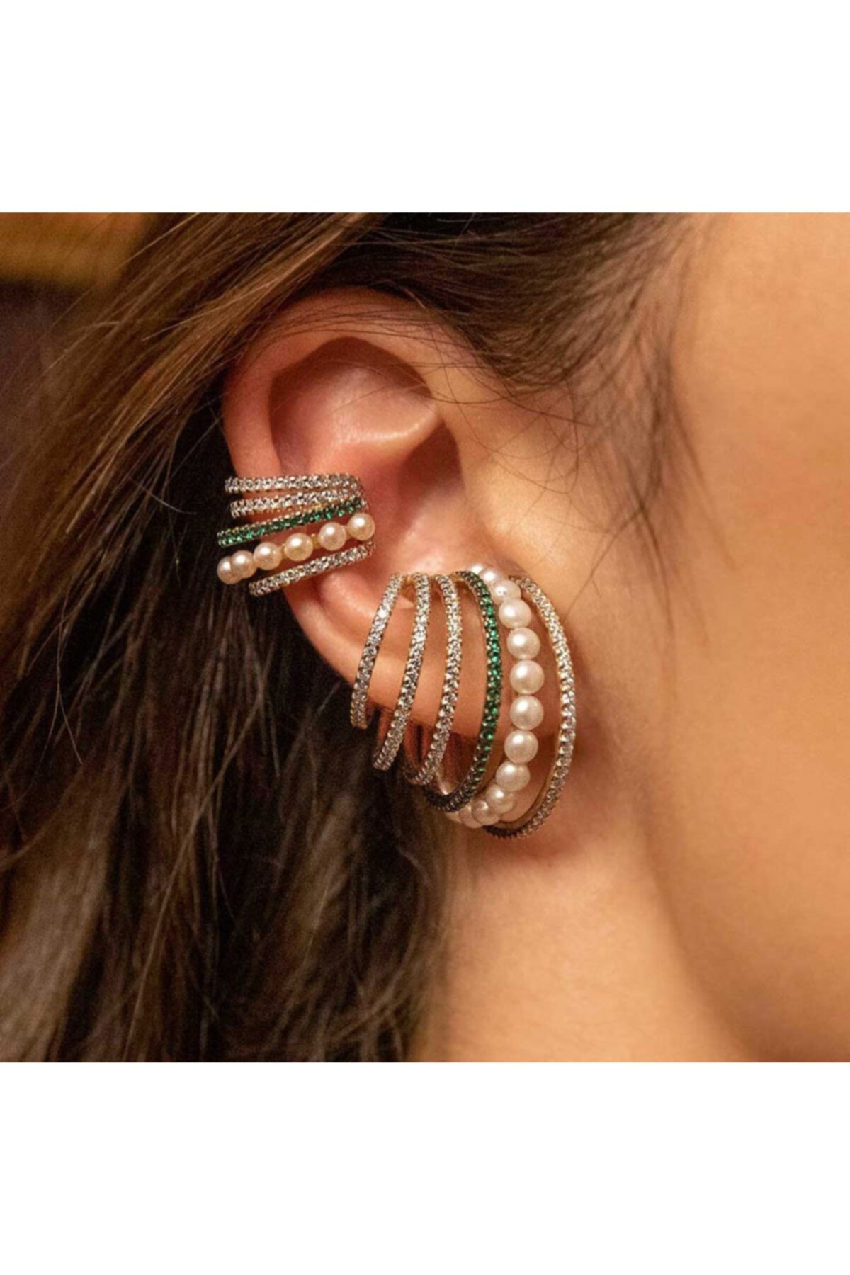 Hazeran accessories Zirkon Taşlı Incili Earcuff Kıkırdak Küpe