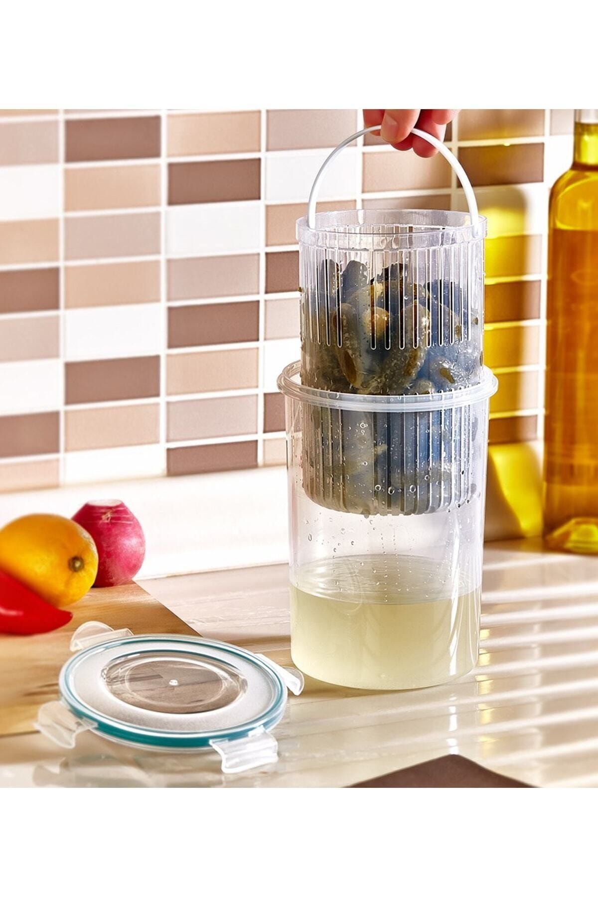 bimbambom Hiper Fresh Box Zeytinlik-turşuluk Kavanozu, Süzgeçli Zeytin Turşu Saklama Kabı 1.5 Litre,
