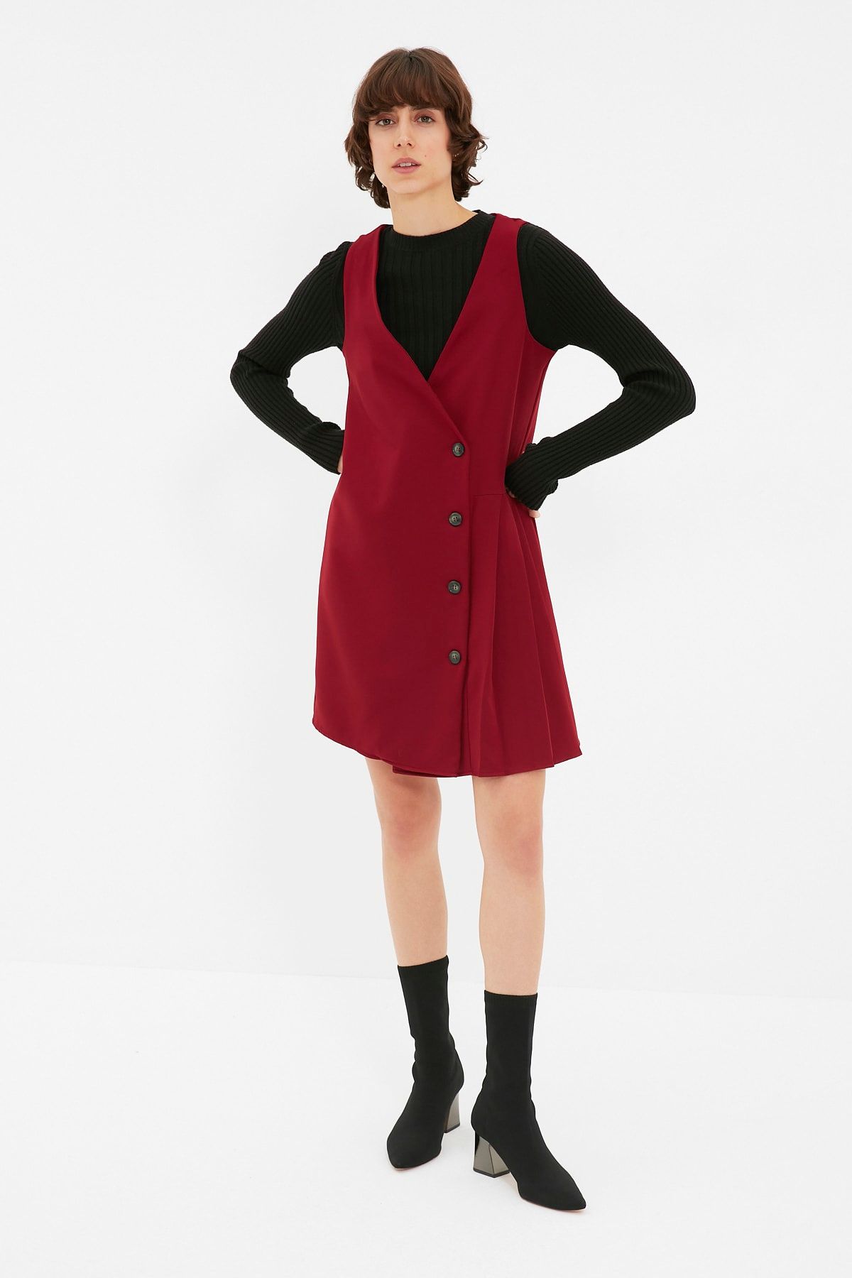 TRENDYOLMİLLA Bordo Jile Düğmeli Elbise TWOAW22EL1615