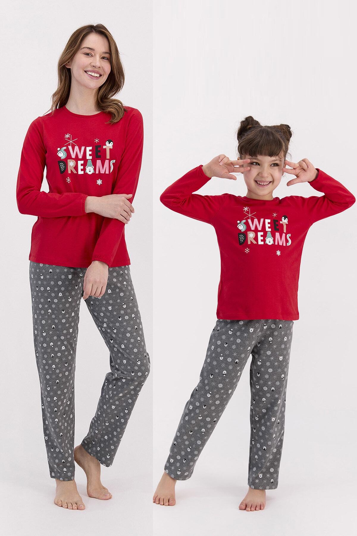 BSM Anne Kız Kırmızı Yılbaşı Kombin Pijama Takım 2586 (anne Ve Kız Fiyatları Farklıdır)