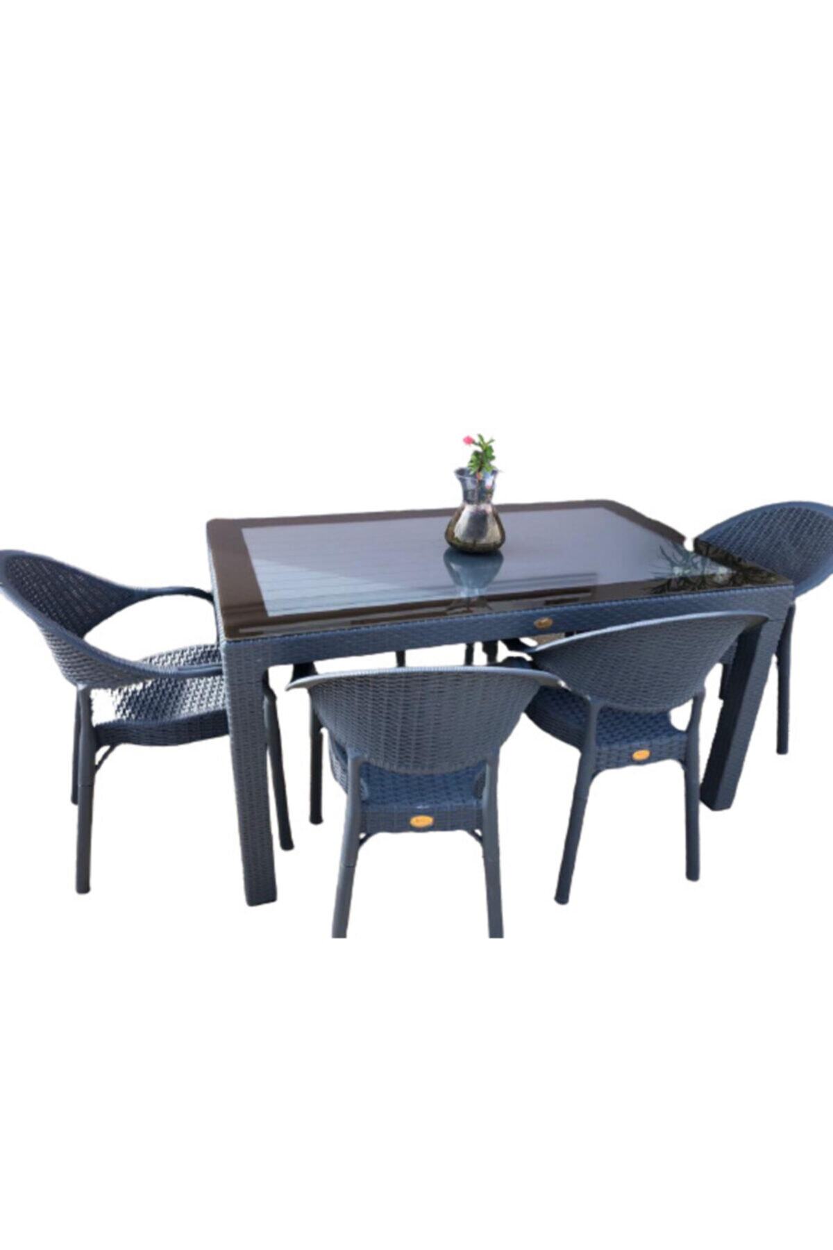 Sadık Plastik SP Capissi Rattan Antrasit Masa Takımı 90*150 Camlı Masa 6 Adet Bambu Rattan Koltuk