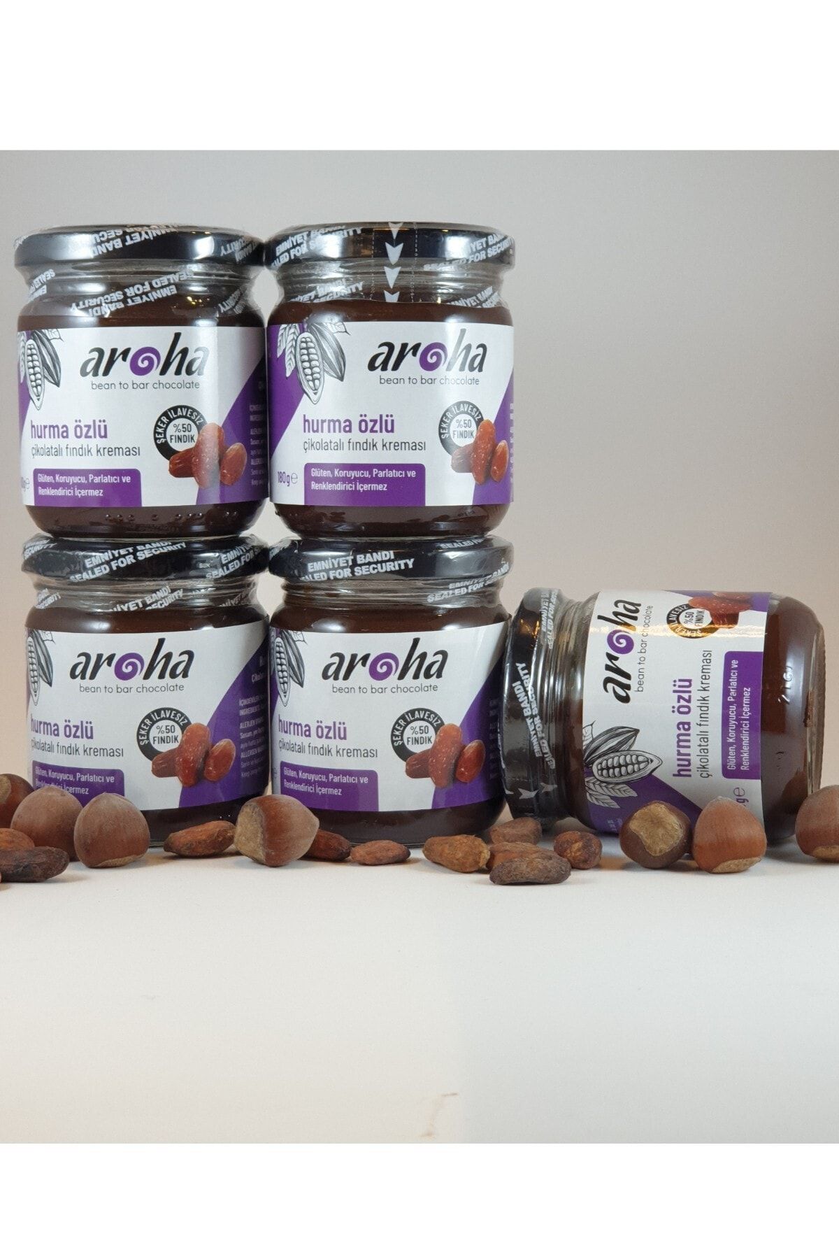 AROHA Çikolatalı Fındık Kreması 5 Kavanoz - Hurma Özlü (180x5 = 900 Gr)