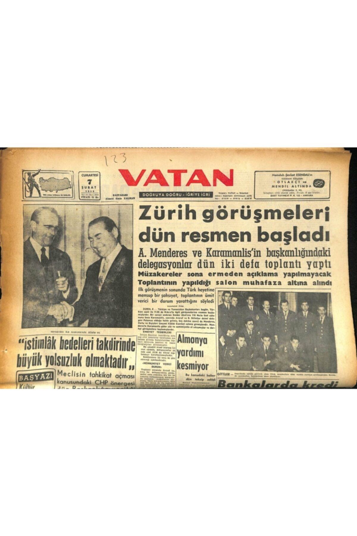 Gökçe Koleksiyon Vatan Gazetesi 7 Şubat 1959 - Kırşehir Şilebi Yanıyor Gz86146