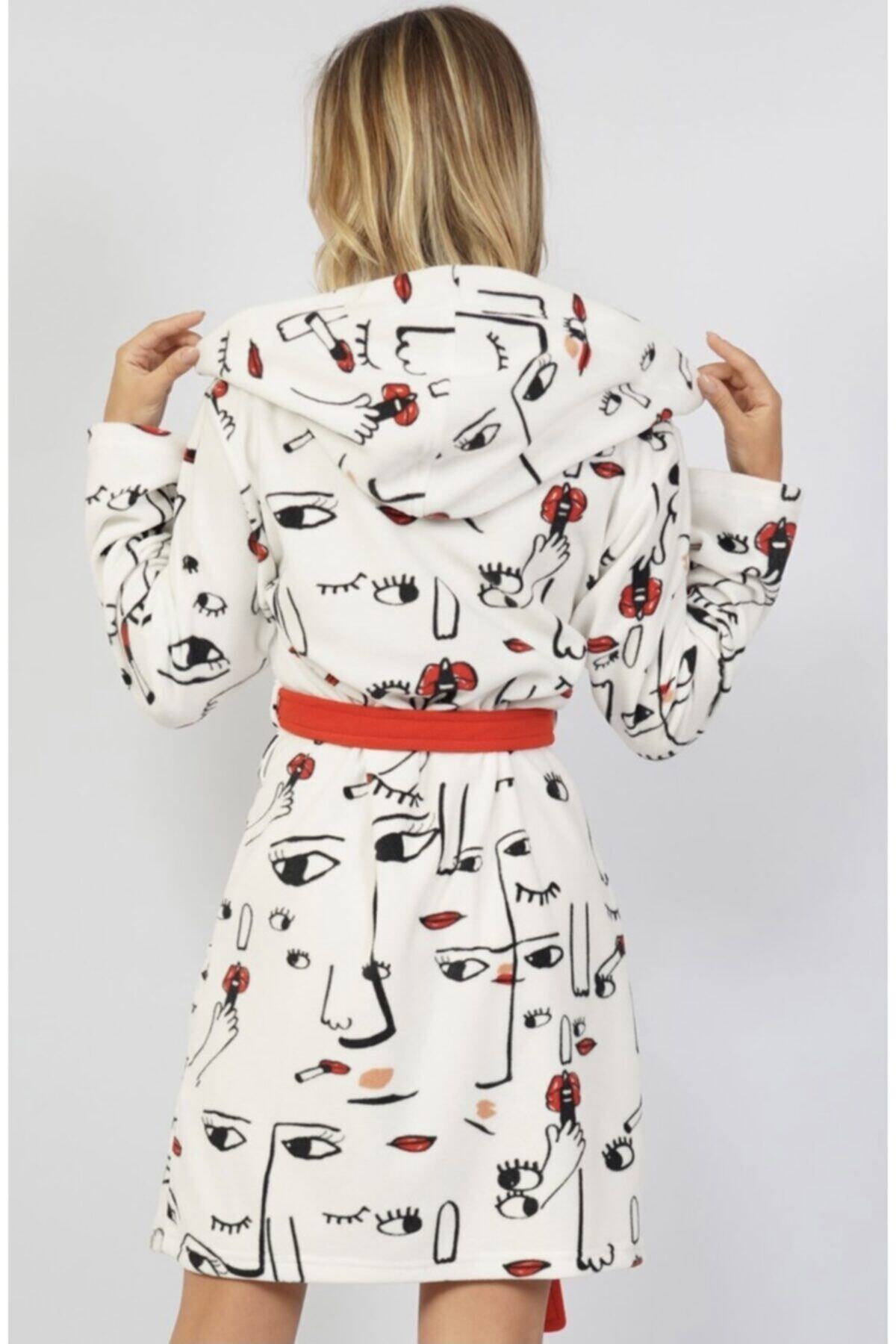 VİENETTA Kadın Polar Sabahlık Kapşonlu Beyaz