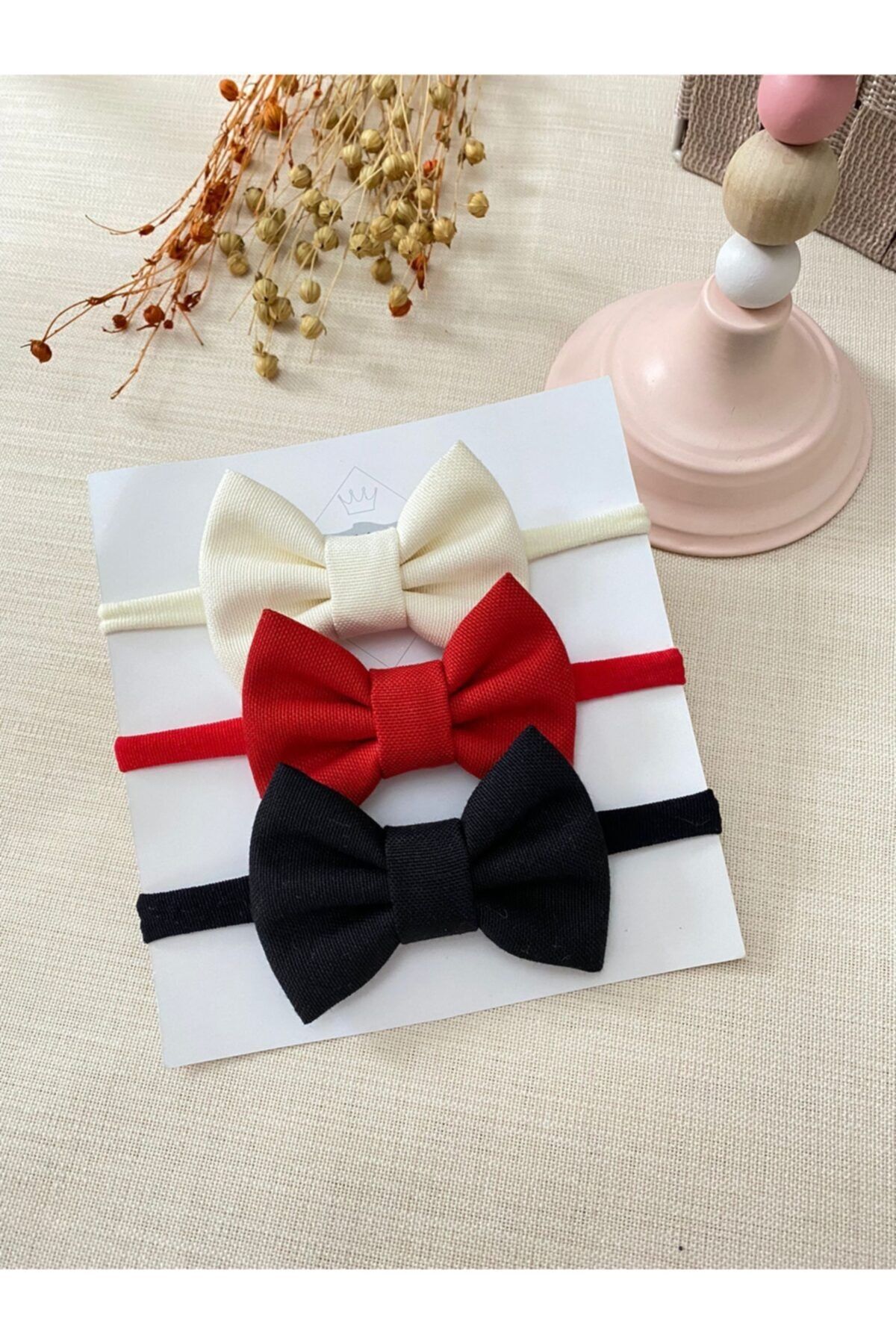 Derinkids 3lü Krem Kırmızı Siyah Fiyonk Bebek Bandana Seti